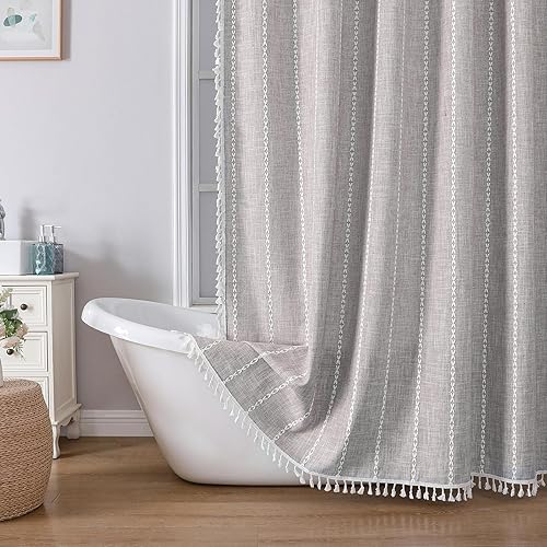 Miniatura 7 de meioro Cortina de ducha bohemia a rayas, juego de cortina de ducha de tela tejida de lino de 10.41 ozm con borla, repelente al agua, rústica,