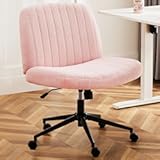 DUMOS Criss Cross Chair with Wheels&comma; Legged Office Armless Wide Desk Seat with Dual-Purpose Base&comma; Adjustable Swivel Teddy Fabric Task Vanity Home Bedroom&comma; Pink