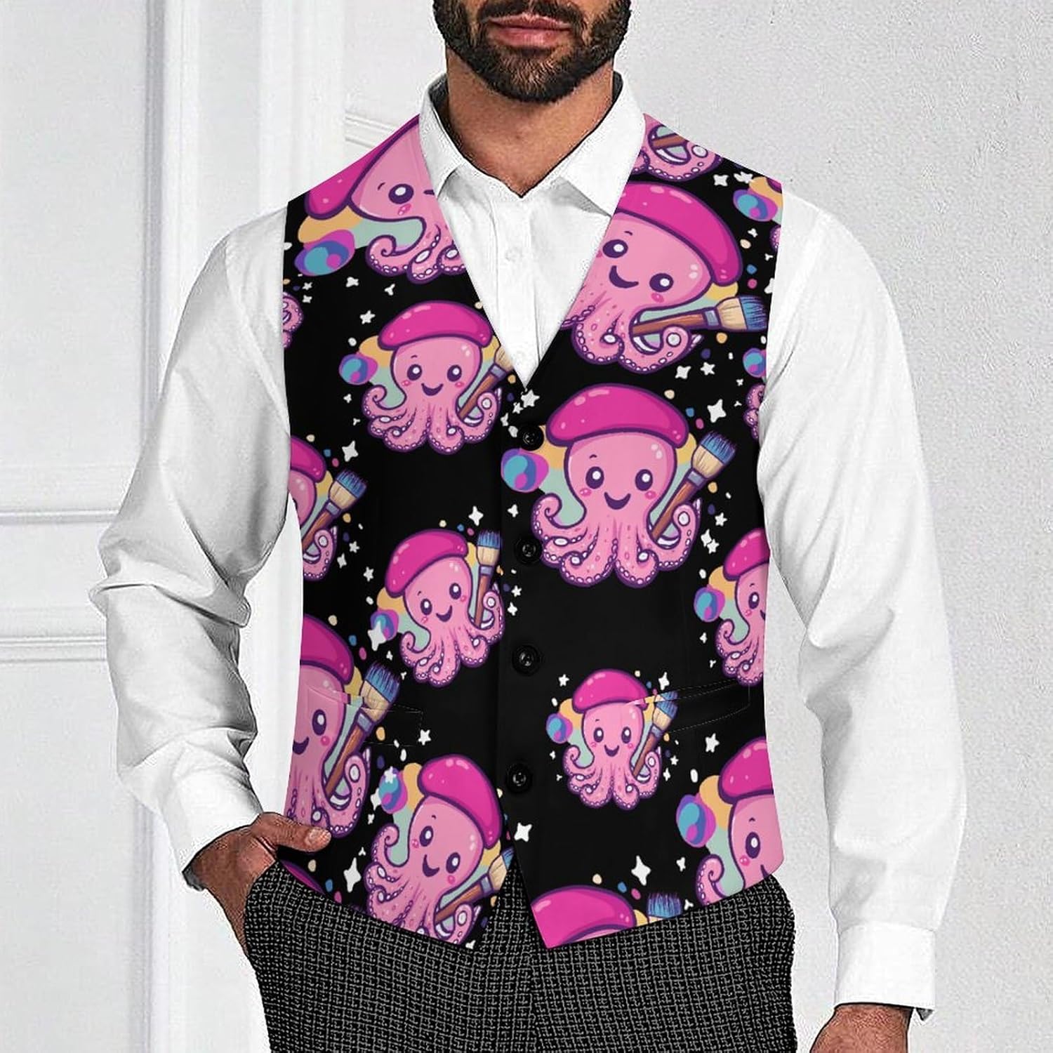 Painters Octopuss Artist Suit Vest for Men Casual Business Tuxedo Slim Fit Suit Vests Lightweight Waistcoat