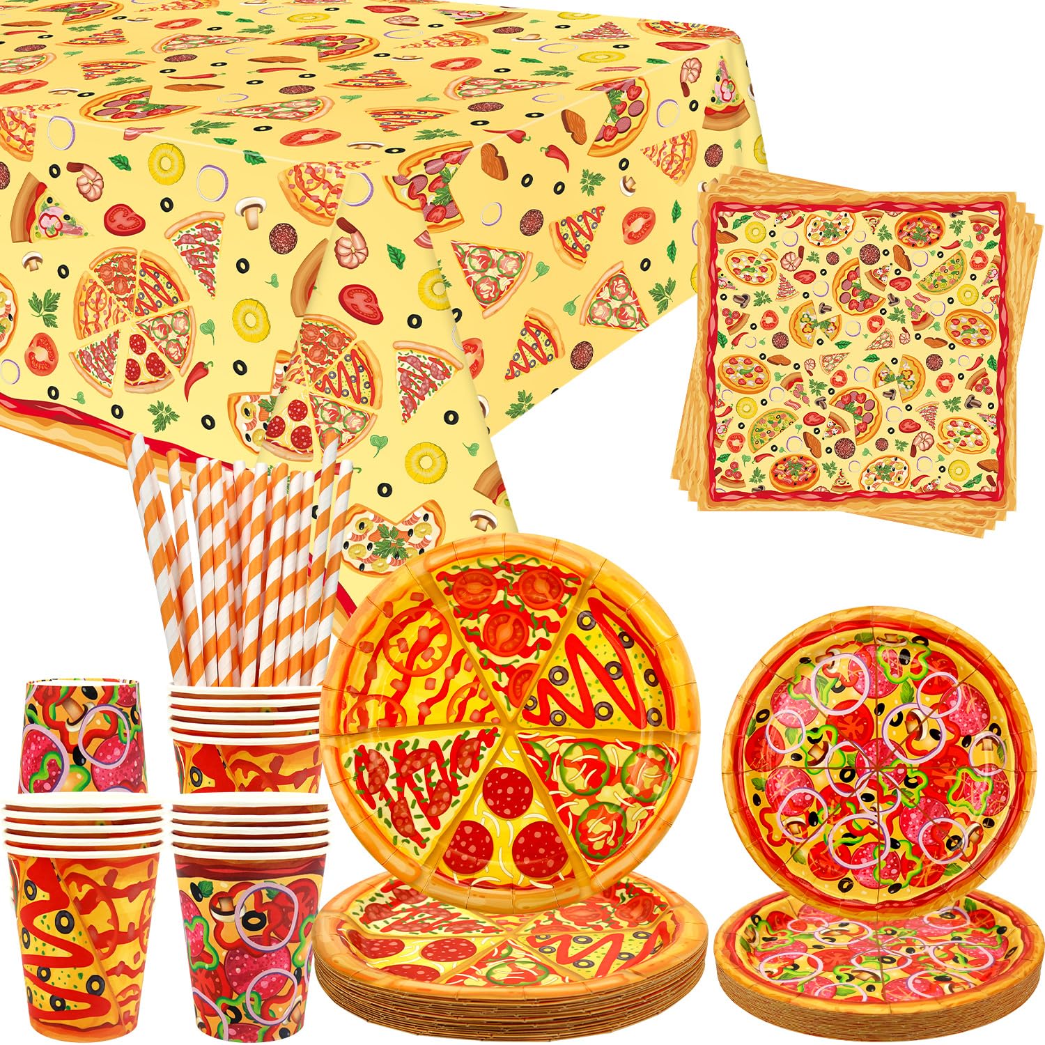 Pizza Party Supplies - Pizza Party Tableware - Dinner Plates Desserts Plates Cups Napkins Tablecover Straws for Kids Birthday Baby Shower Picnics Supplies, Serves 20 (20)