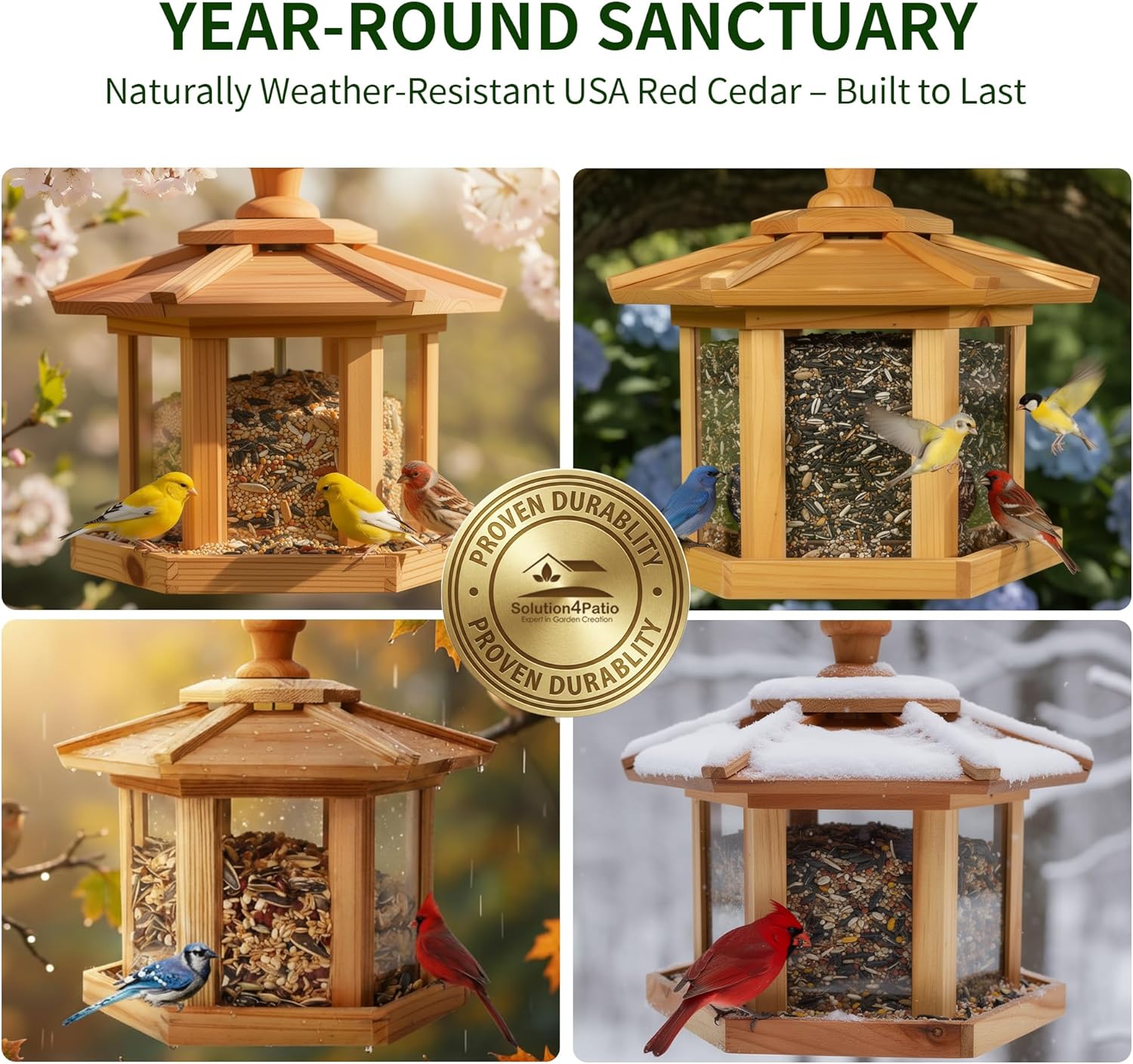 Solution4Patio Bird Feeder for Outdoors - USA Cedar Hexagon Gazebo Bird Feeders with Vented Mesh Tray, Easy-Clean & Fill Design 9.6" Dia. X 8.7" H 3.2-lb Capacity