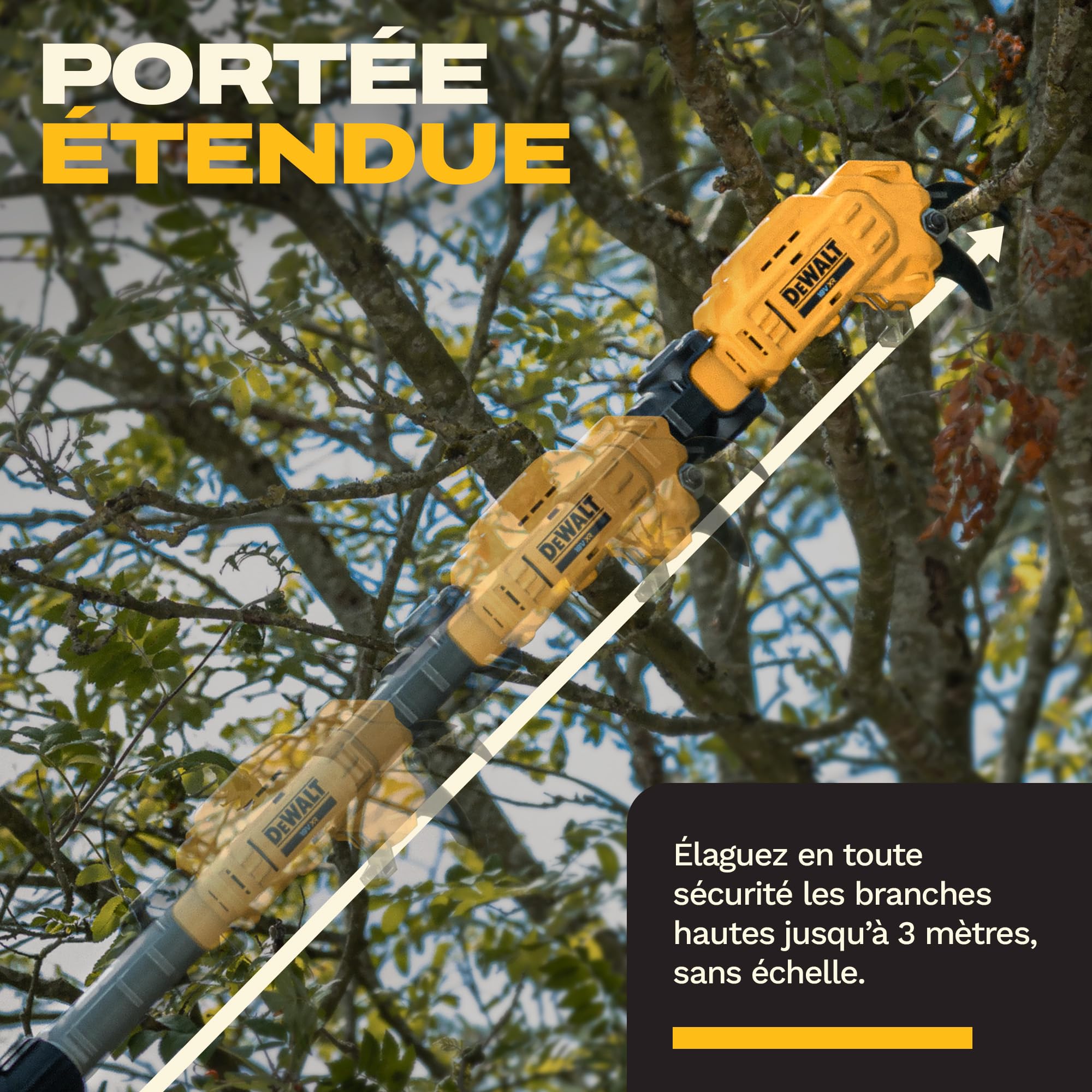 DEWALT 18V XR Élagueuse sur Perche Professionnelle ; Puissance et précision pour la coupe des branches en hauteur, Outil seul, DCMPP569N-XJ
