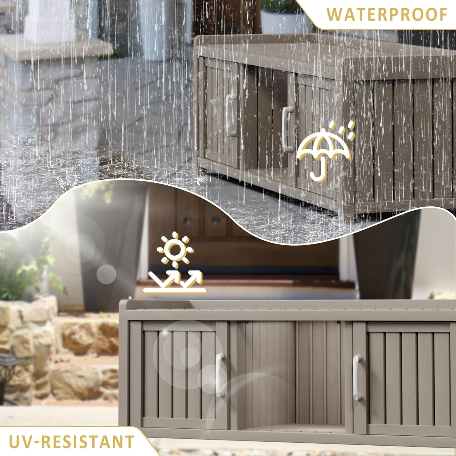 Storage Bench - Waterproof Resin Shoe Bench with Adjustable Shelves - Indoor & Outdoor Use, 2 Doors Entryway Bench with Hidden Storage Space - Storage Cabinet for Bedroom, Hallway, Grey