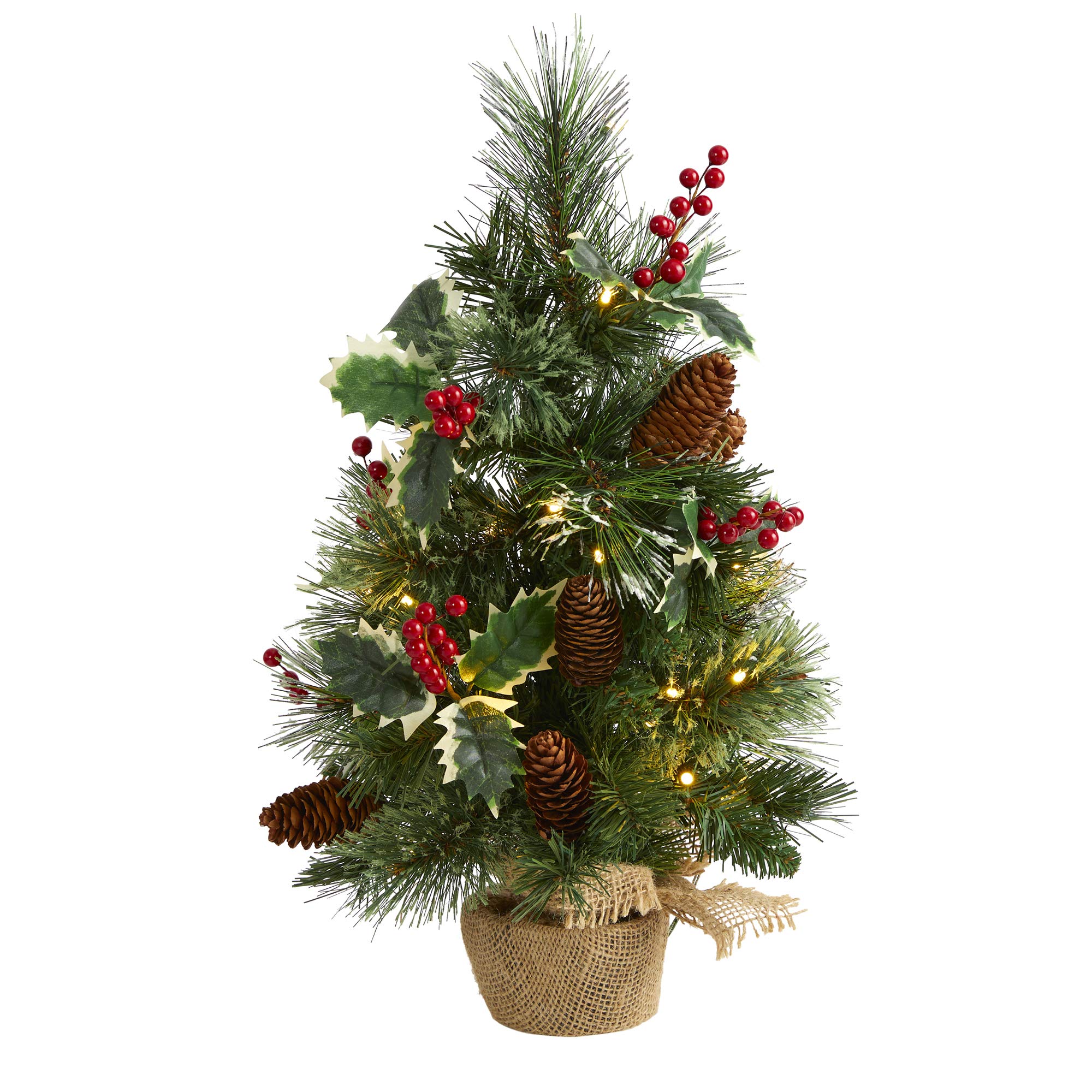 Nearly Natural 24in. Mixed Pine Artificial Christmas Tree with Holly Berries, Pinecones, 35 Clear LED Lights and Burlap Base (similar )