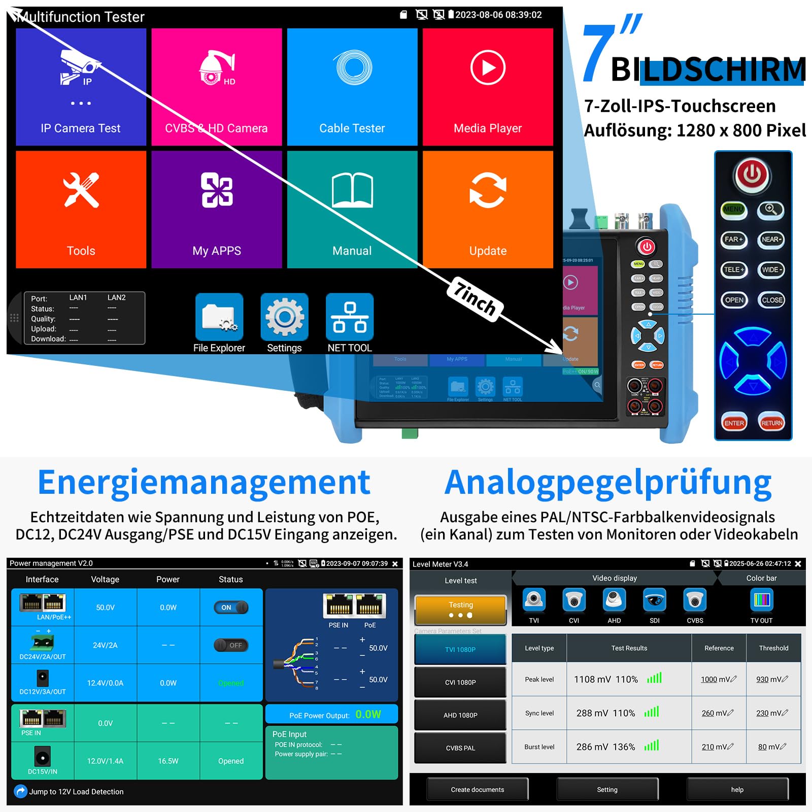 Henkion IPC-9800MOVTADHS Pro CCTV-Kameratester 8K 32MP IPC-Test 7-Zoll-IPS-Touchscreen-Monitor CCTV-Tester Unterstützung 4K 8MP HD-TVI CVI AHD SDI IP-Kameratest DMM OPM TDR POE RS485 WiFi HDMI VGA