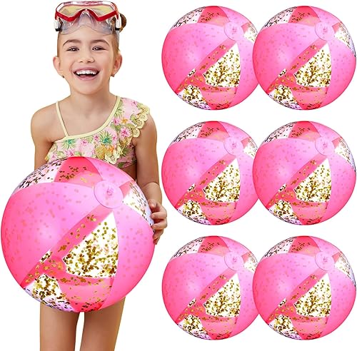 Skylety Paquete de 6 bolas de playa inflables con purpurina rosa intenso, decoraciones de piscina rosa de 16 pulgadas, bolas de natación de confeti