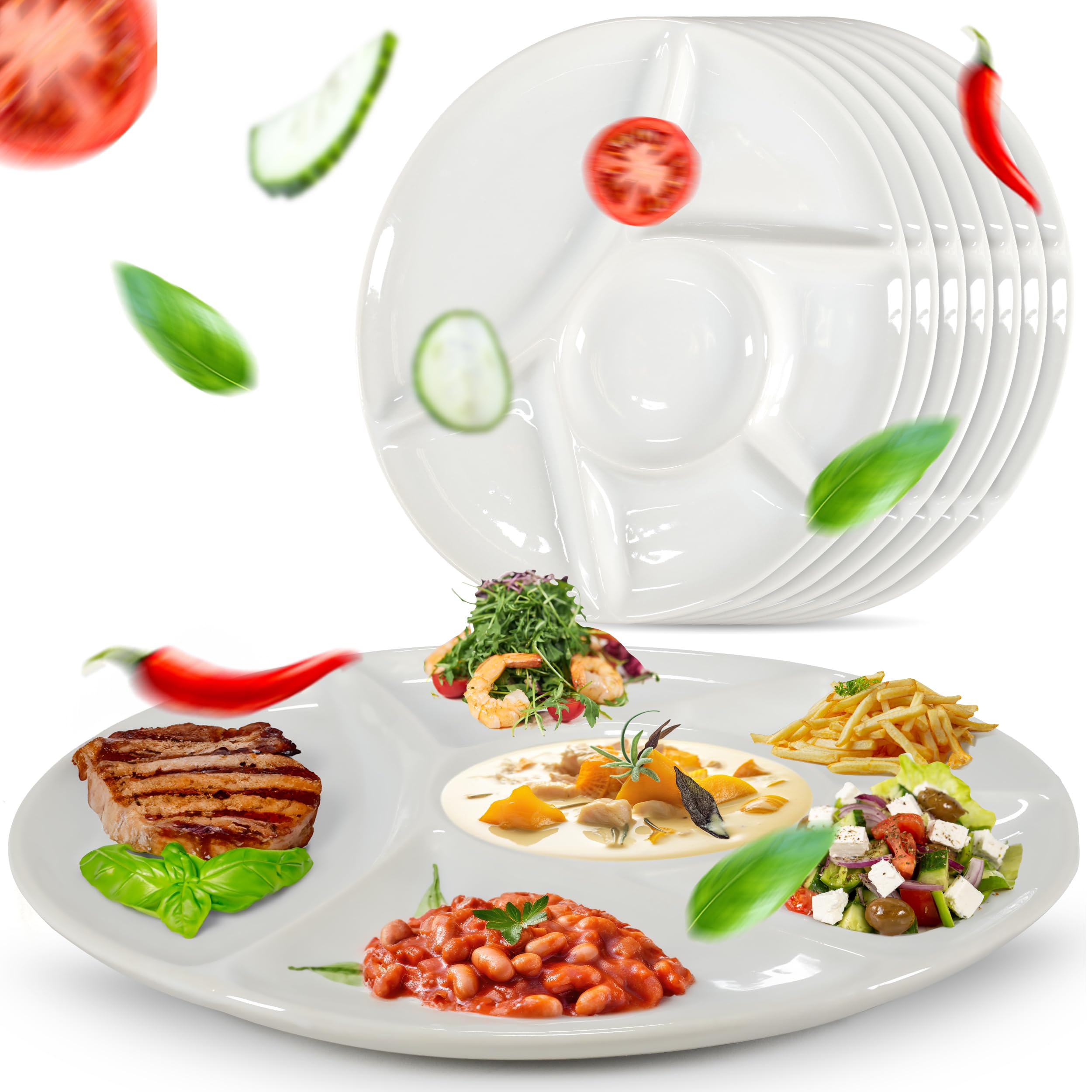 Oramics Fondueteller Porzellan Fondue Teller mit Unterteilung 23 cm rund weiß - Racletteteller Grillteller Snackteller mit Fächern - BBQ Raclette Menüteller Servierteller mit 6 Einteilungen (8er Set)