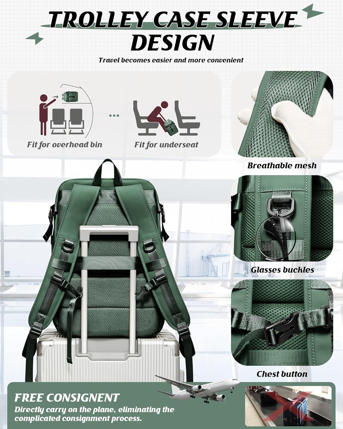 Travel Backpack for Women Men, Separate Compression Bag with Electric Pump, Waterproof Carry-On Laptop Backpack Work Bags Casual Daypack with Anti-theft & Shoe Compartment, Greenn - Image 7