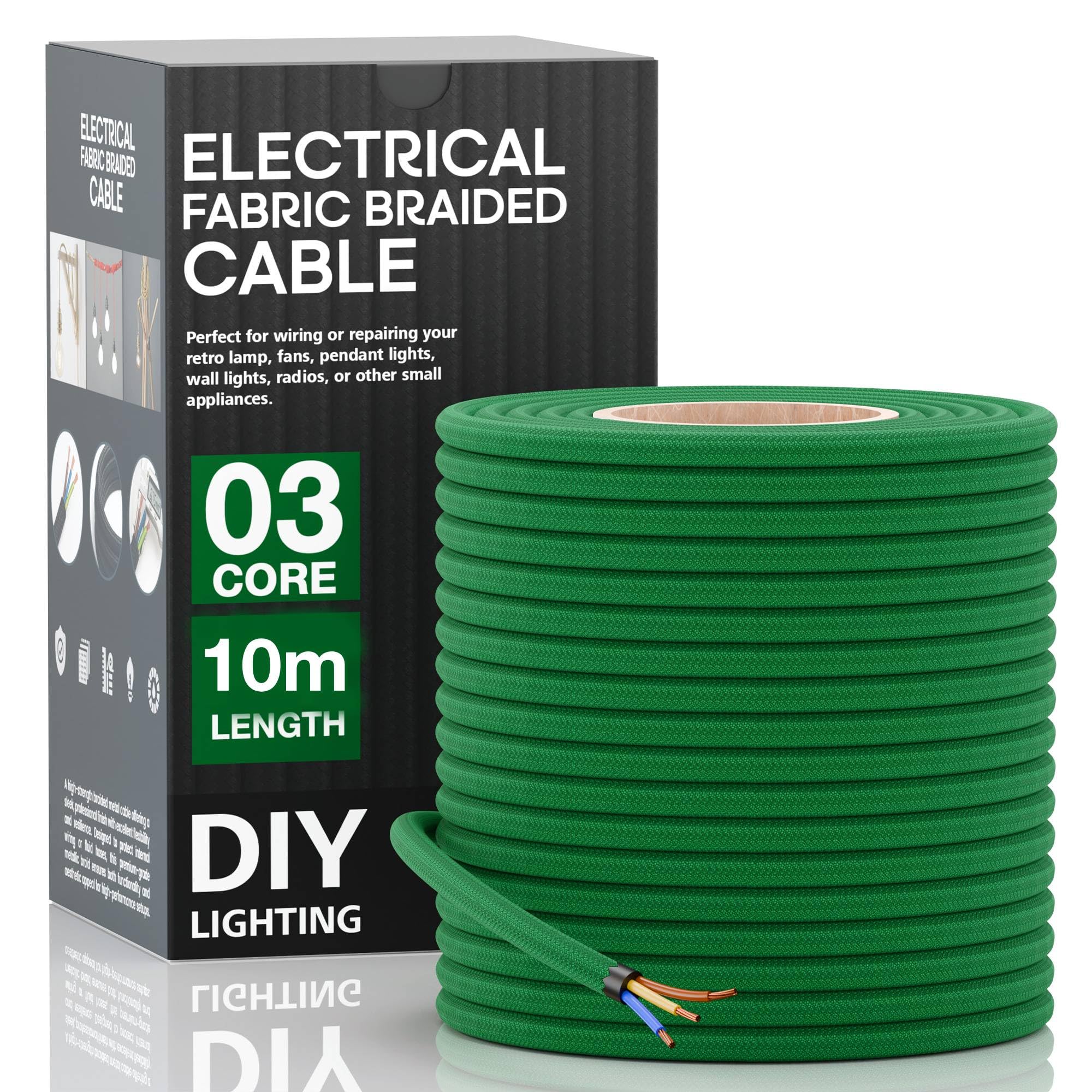 LEDSone Green 3 Core Braided Fabric Cable 10M Earthed Lamp Wire Flex