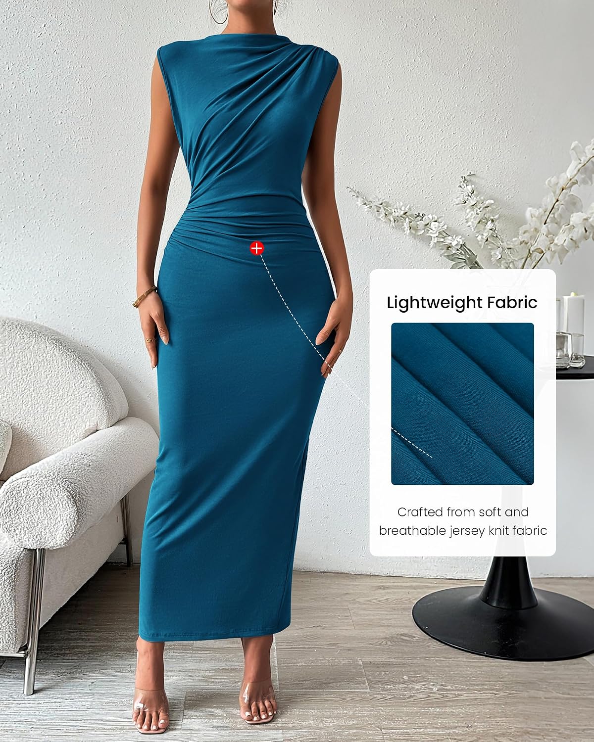 BTFBM Women Ruched Bodycon Maxi Dresses Summer Casual Sleeveless Lightweight Slit Elegant Cocktail Wedding Guest Dress thumbnail