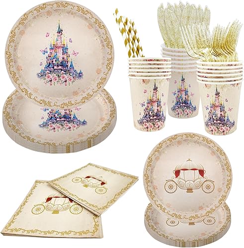 AIBIIN 112 platos de fiesta de princesa, decoraciones de cumpleaños de princesa Érase una vez, juego de vajilla para fiesta de princesa, servilletas