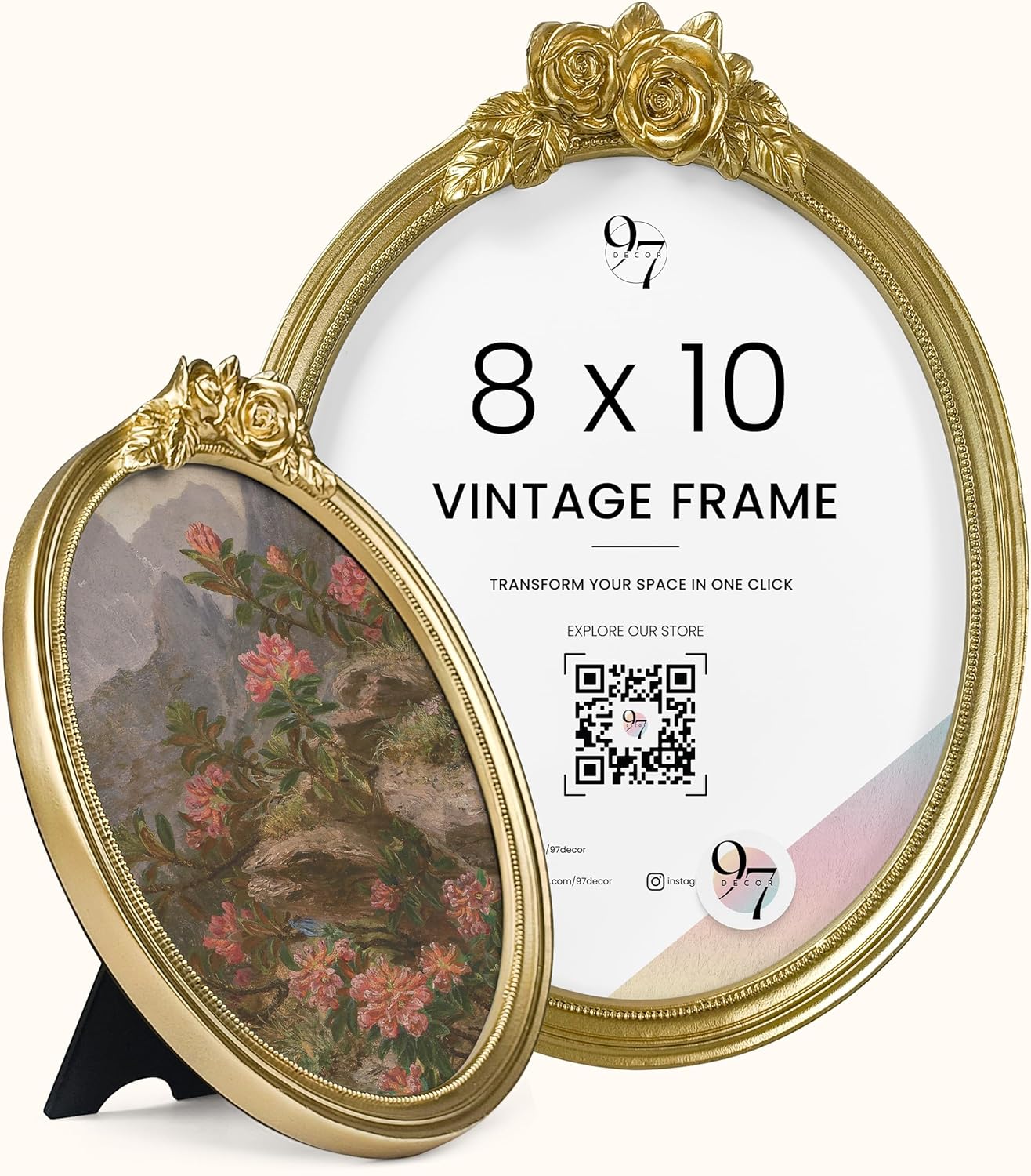 97 Decor Gold Oval Frame 8x10 - Gold Vintage Picture Frames 8x10, Antique Ornate Frames 8 X 10 With Glass Front For Tabletop Photo Display And Wall Hanging, Golden Rose Frame 8 By 10