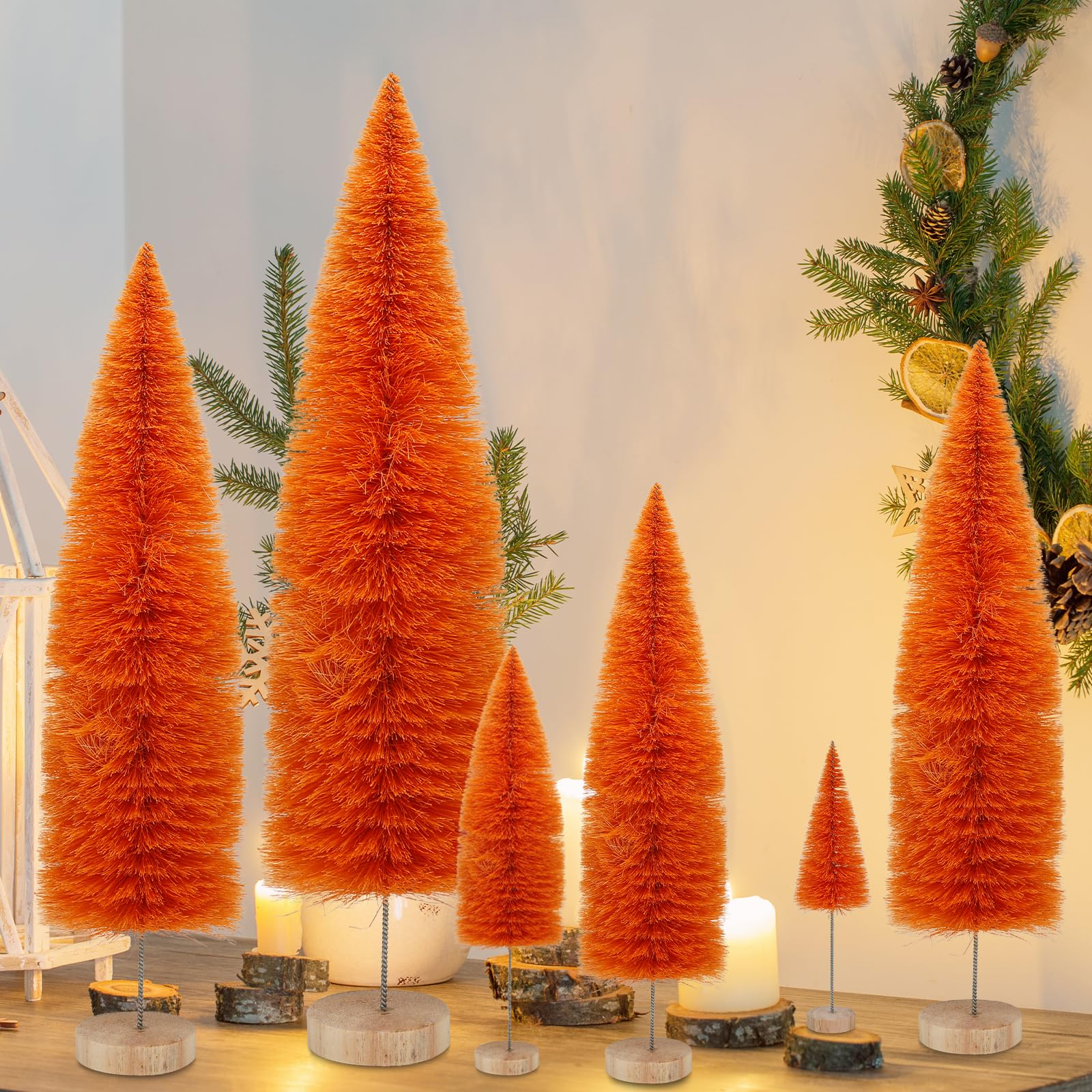 6PCS Christmas Tree, Christmas Village Bottle Brush Fake Trees, Tabletop Christmas Small Pine Tree Decor,Christmas Decor Christmas Party Home Table Craft Decorations Fireplace Decor (Orange)