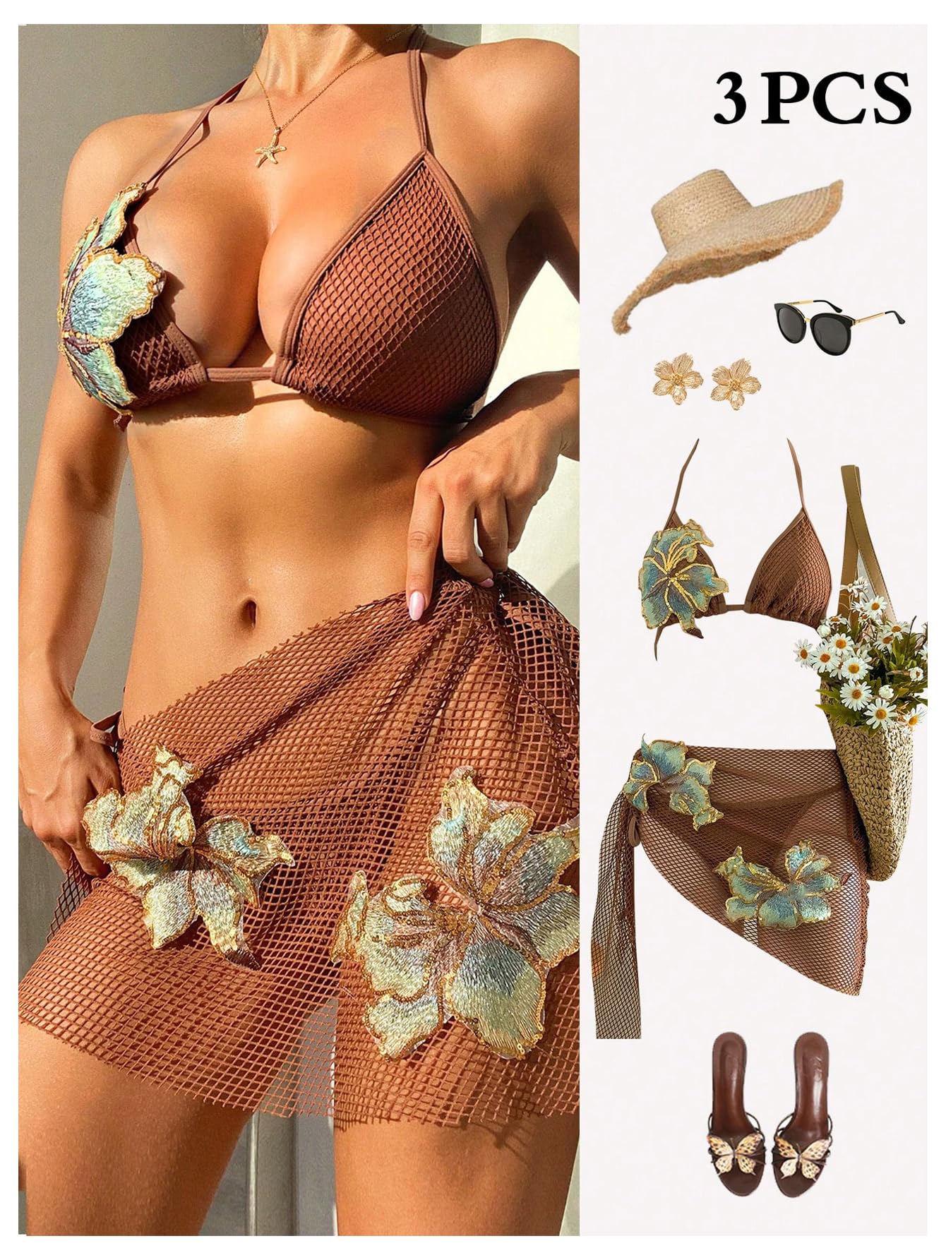 Damskie 3-częściowe stroje kąpielowe 3D w kwiaty wiązane na szyi zestaw bikini z okryciem spódnica rdzawy brąz średni