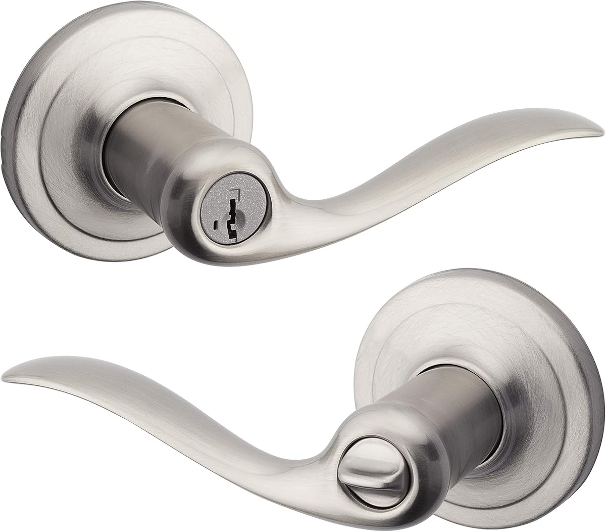 Manija de puerta de entrada Tustin con cerradura y llave, exterior de palanca reversible con llave segura, para entrada principal y dormitorios, níquel satinado, seguridad Smartkey Rekey resistente a golpes y Microban
