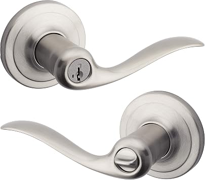 Kwikset Tustin Entry Door Handle with Lock and Key, Secure Keyed Reversible Lever Exterior, For Front Entrance and Bedrooms, Satin Nickel, Pick Resistant Smartkey Rekey Security and Microban