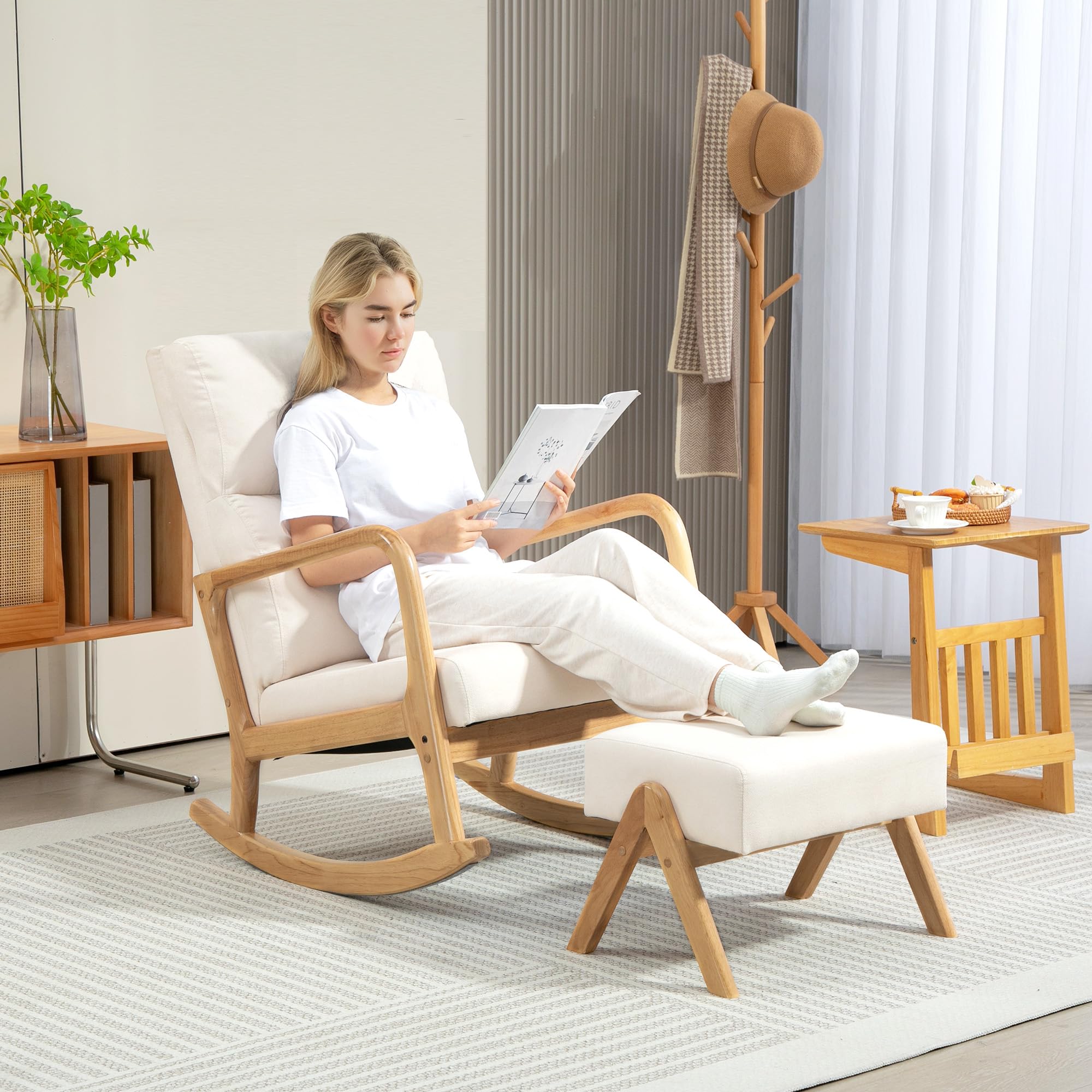 HOMCOM Schaukelstuhl mit Hocker Schaukelsessel Schwingsessel mit Leinenoptik Polstersessel Sessel für Wohnzimmer, Schlafzimmer, Cremeweiß