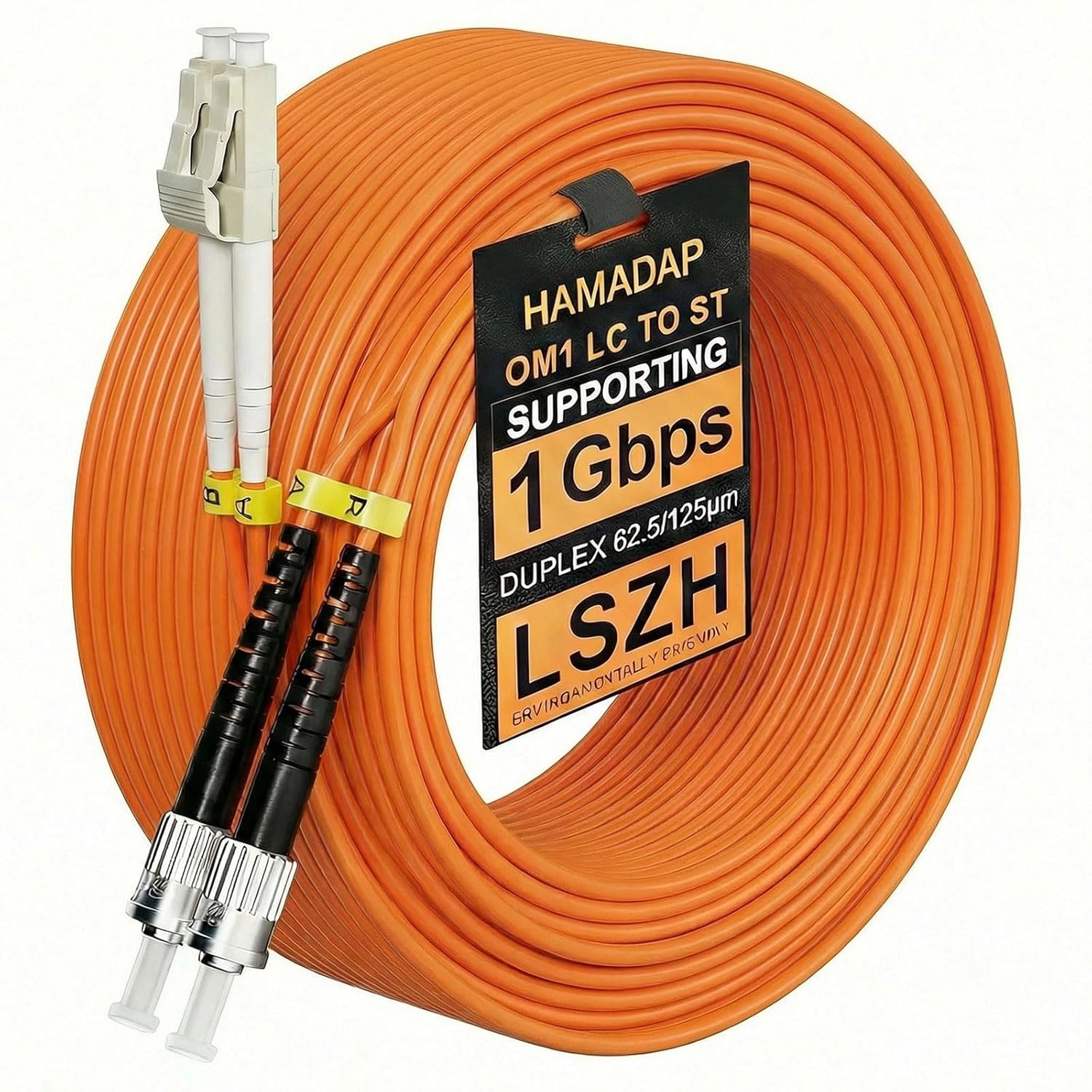 20M/65FT OM1 LC to ST Fiber Patch Cable, 62.5/125um Multimode Duplex Fiber Jumper, LSZH Orange for Modern SFP Transceivers & Legacy ST Patch Panels