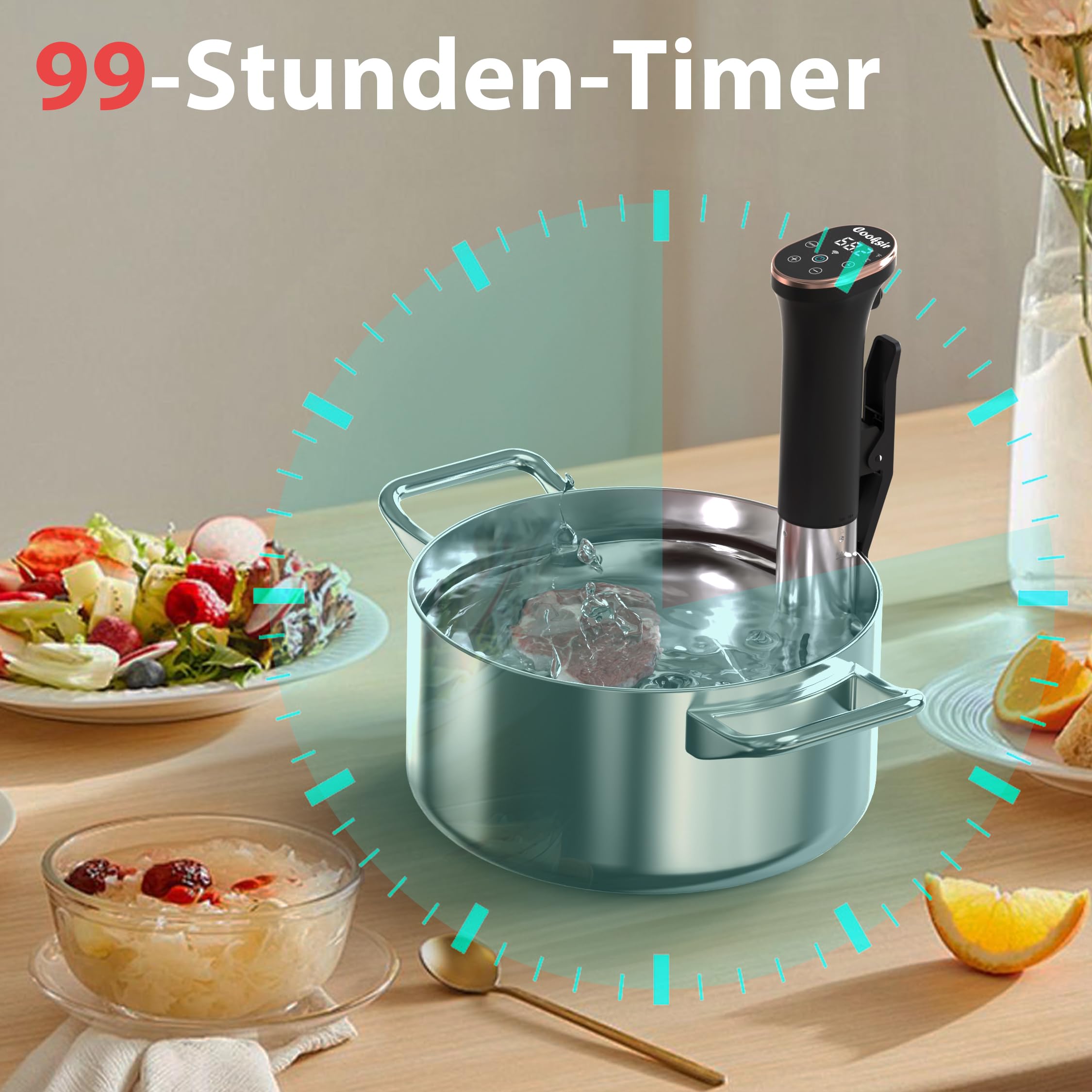 Sous Vide Garer Stick, 1400W, Wi-Fi APP & Touch-Bedienung, Sous Vide mit Edelstahlgehäuse, 360° Zirkulation, Temperatureinstellung 10-90°C, Timer für 1-99 Mins, Kochbuch, IPX7 Wasserdicht
