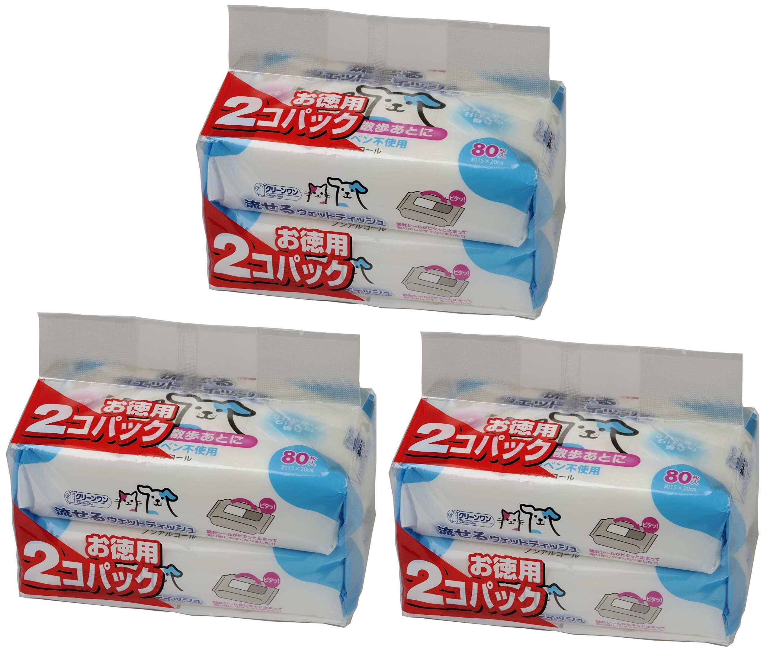 クリーンワン 流せるウェットティッシュペット用ノンアルコールせっけんの香り 80枚×2Pの商品画像