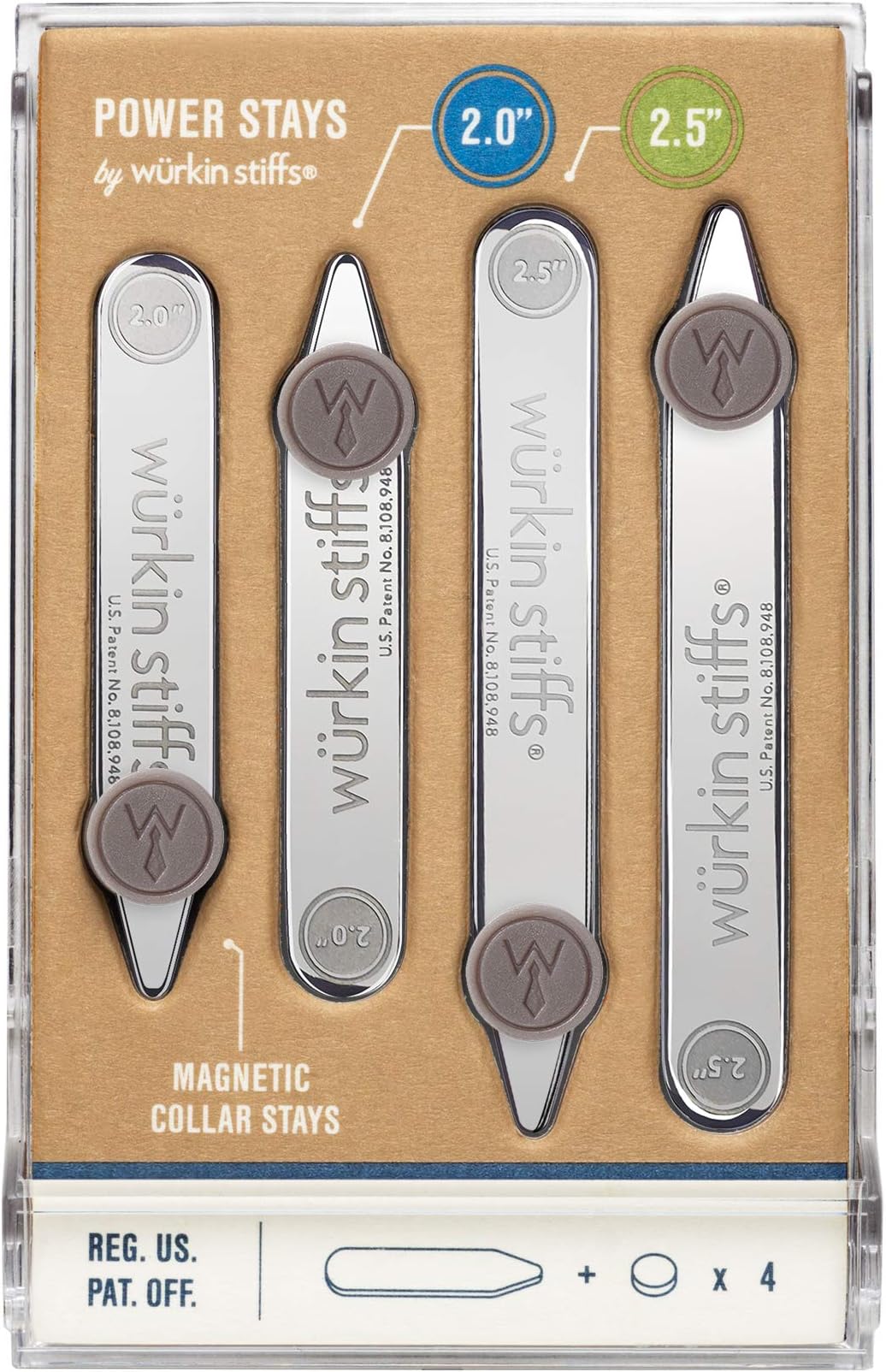 Wurkin Stiffs - 2 pair 2.0 inch and 2.5 inch Power Stays Magnetic Collar Stays with storage case - TSA Friendly