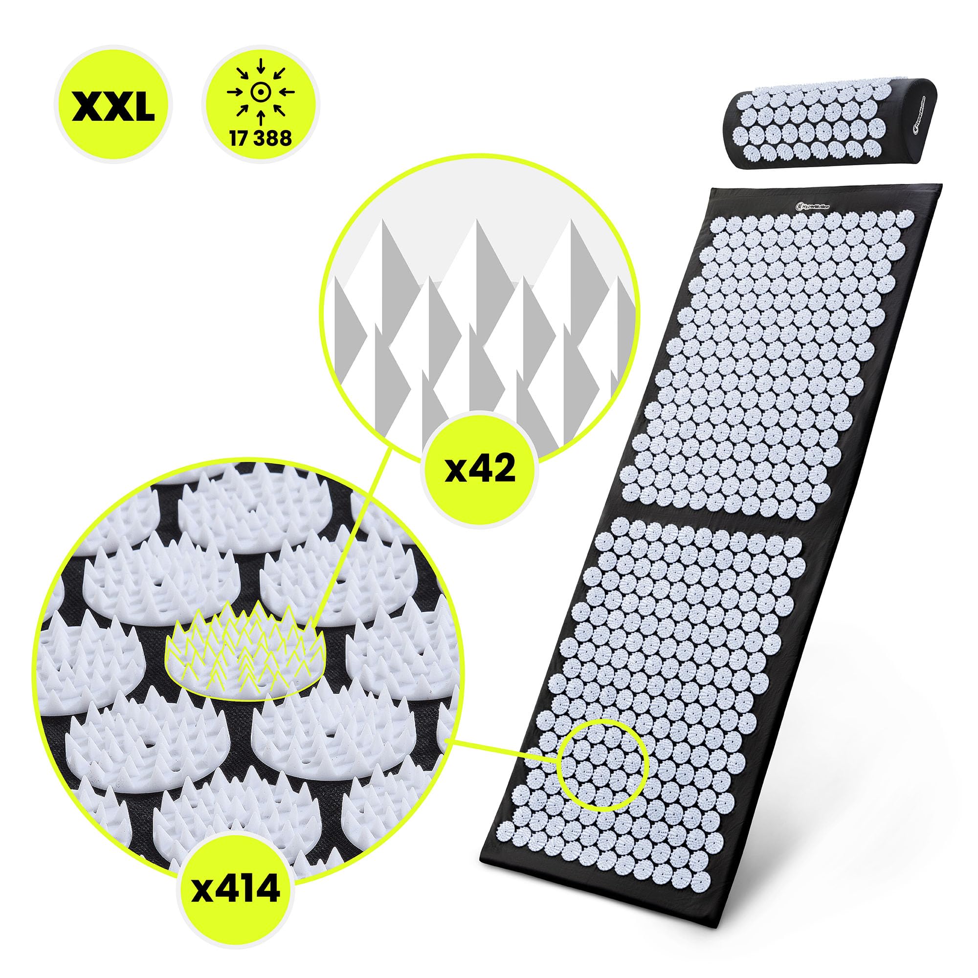 HyperMotion Akupressurmatte mit Kissen - Akupunktur Matte - Massagematte Ganzkörpermassage und Regeneration, Akupressurmatte Set für Entspannung Schwarz-Weiß, 130 x 50 x 2 cm