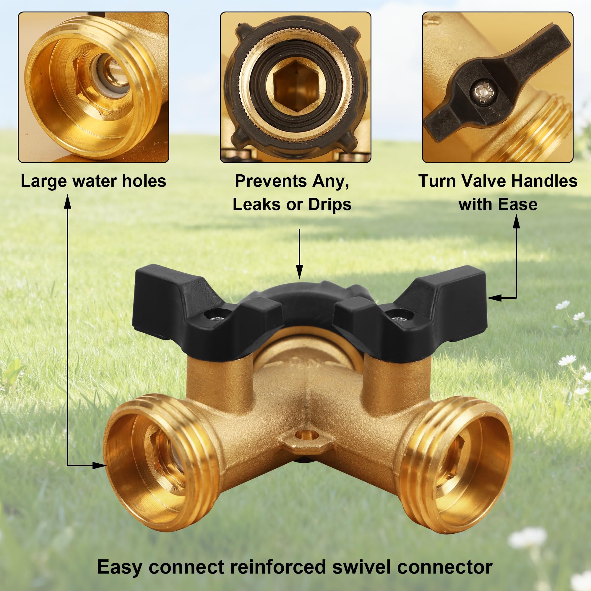 Biswing Splitter per tubo da giardino a 2 vie, connettore in ottone resistente, splitter a Y, 2 valvole con 2 rondelle in gomma extra
