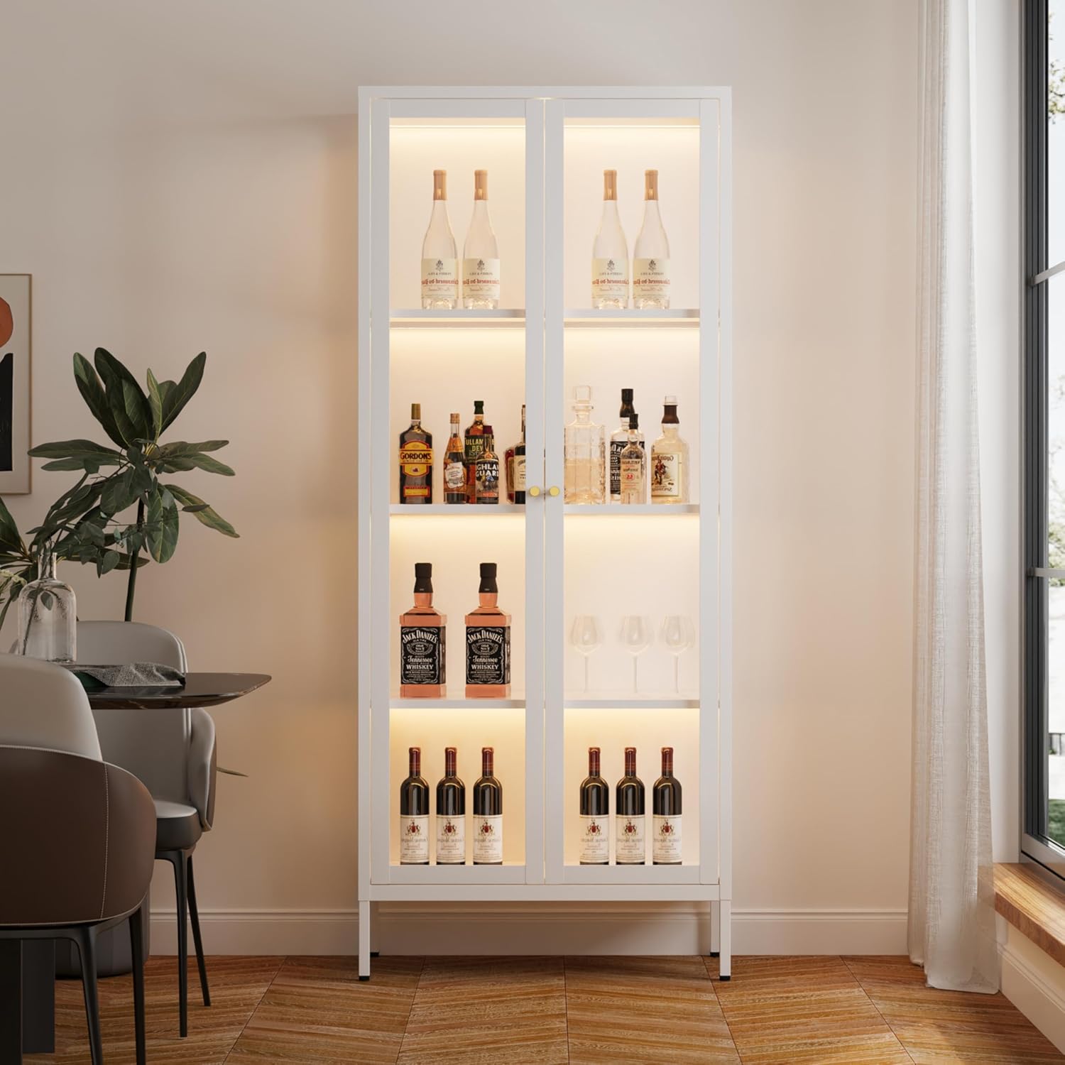 Glass Display Cabinet with LED Lights, White Curio Glass Showcase, 66" Tall Metal Storage Cabinet with Doors and Adjustable Shelves, 3 Color Lighted Display Case for Living Room, Hallway, Pantry