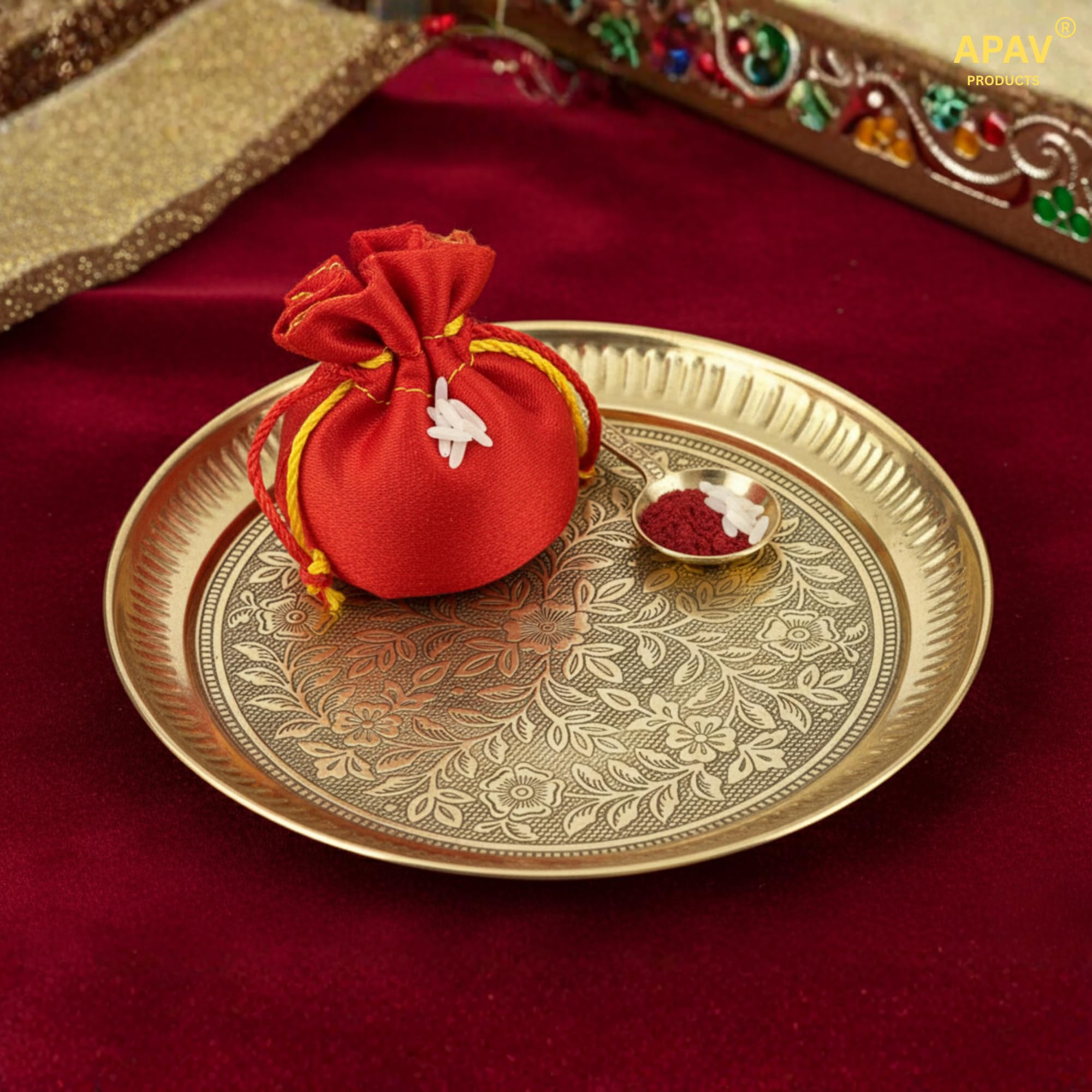 APAV Brass Pooja Thali 4 Inch – Pure Brass Mini Puja Plate for Aarti, Kumkum & Daily Worship – Handcrafted Traditional Pooja Plate for Home Temple & Gifting (4 inch (Golden)) 1