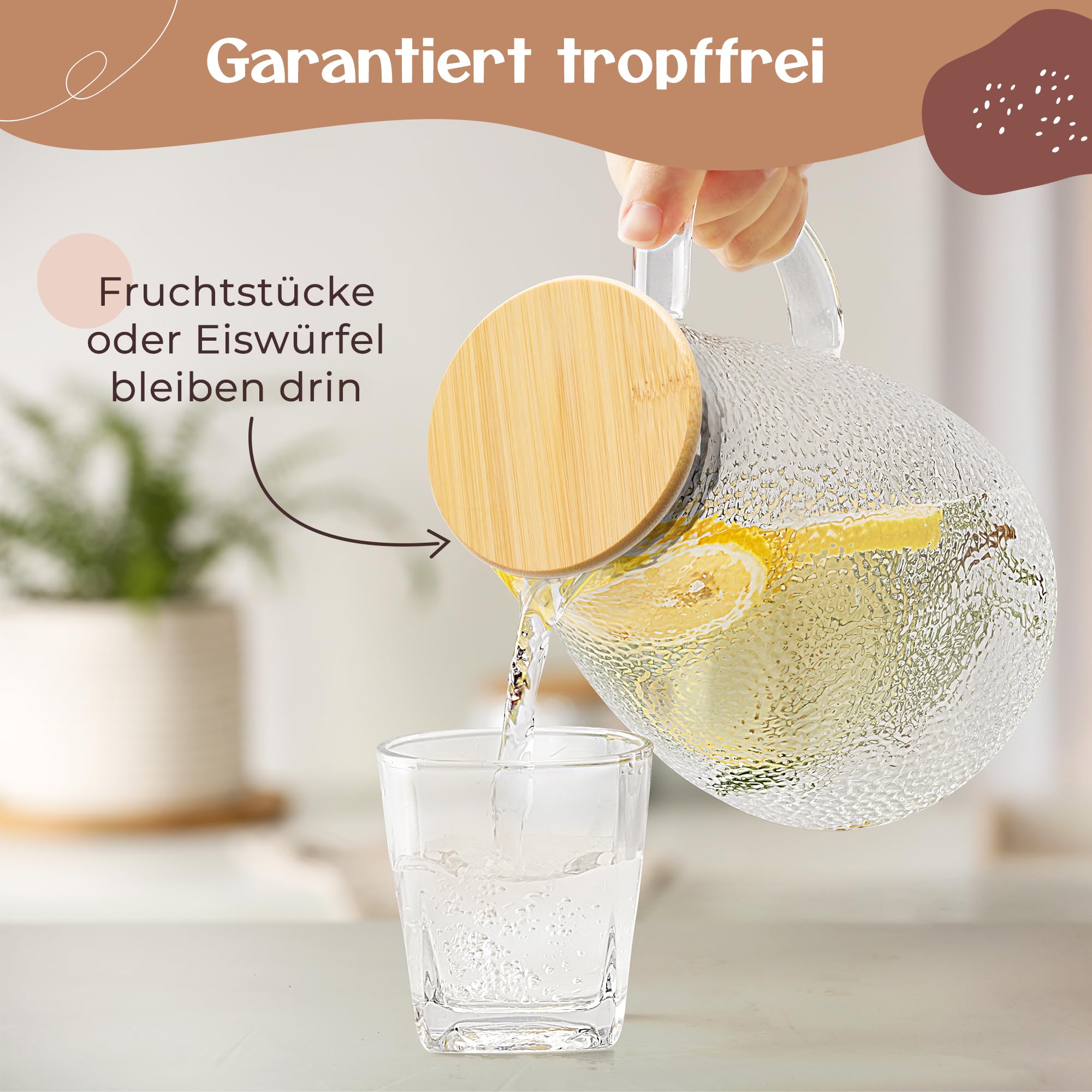Caraffa in vetro con coperchio, 1,9 litri, in vetro rinforzato, caraffa in vetro per bevande calde e fredde, teiera, brocca per acqua con coperchio in bambù