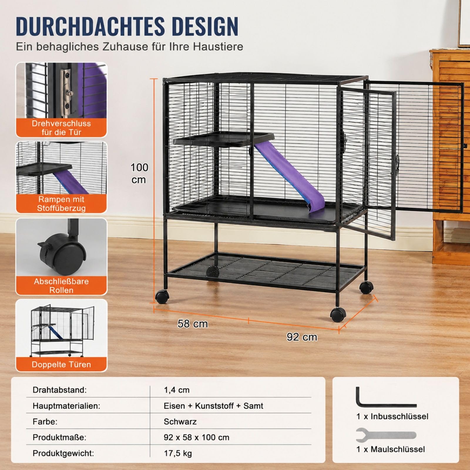 Frettchenkäfig 2-stöckig mit Tablett und Rampe für Kleintiere