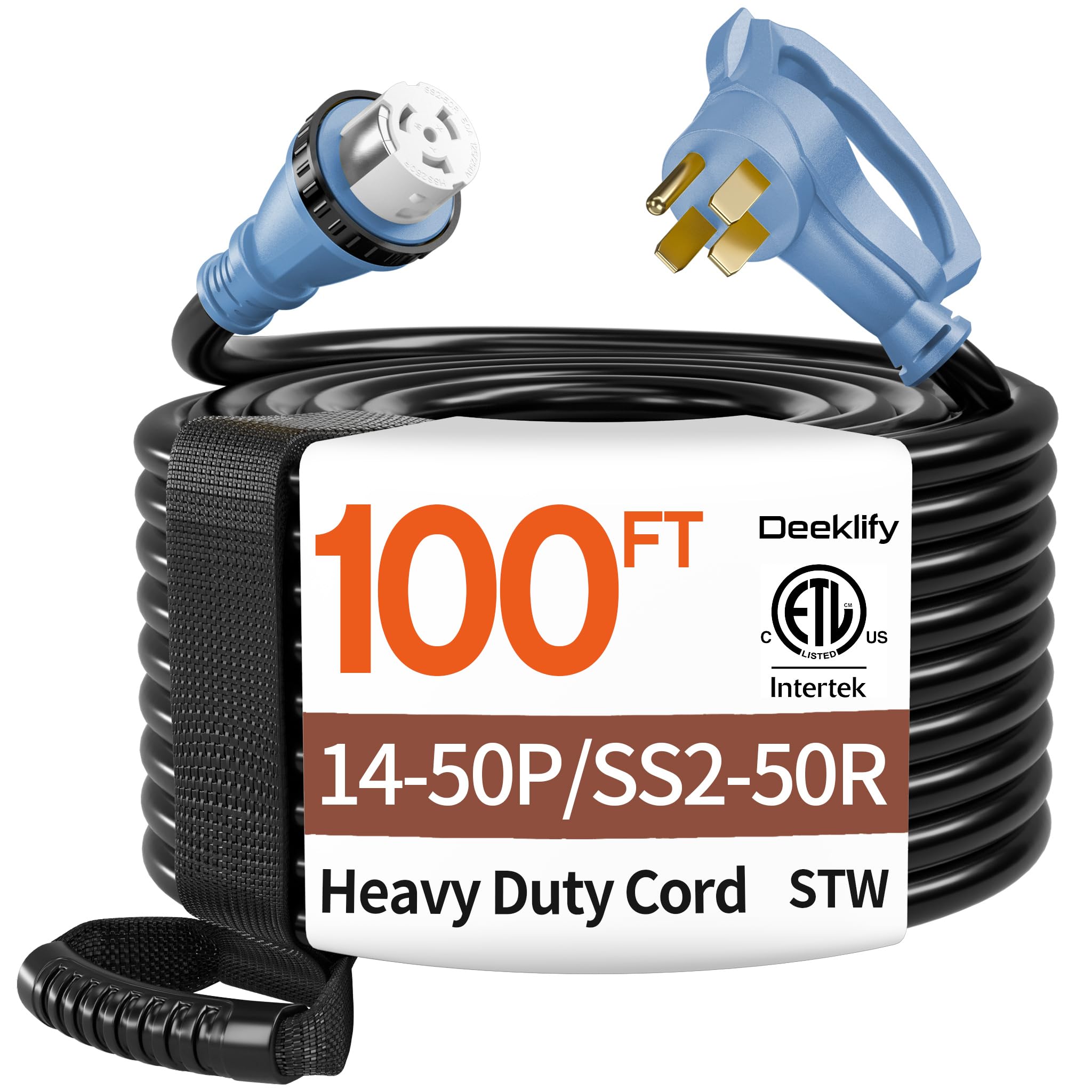 Photo 1 of 100FT 40 Amp Generator Cord, NEMA 14-50P/SS2-50R Heavy-Duty 4 Conductors Cable, Pure Copper STW RV Extension Cord, Female Plug with Twist Lock, Suitable for RV or Camper, ETL Listed