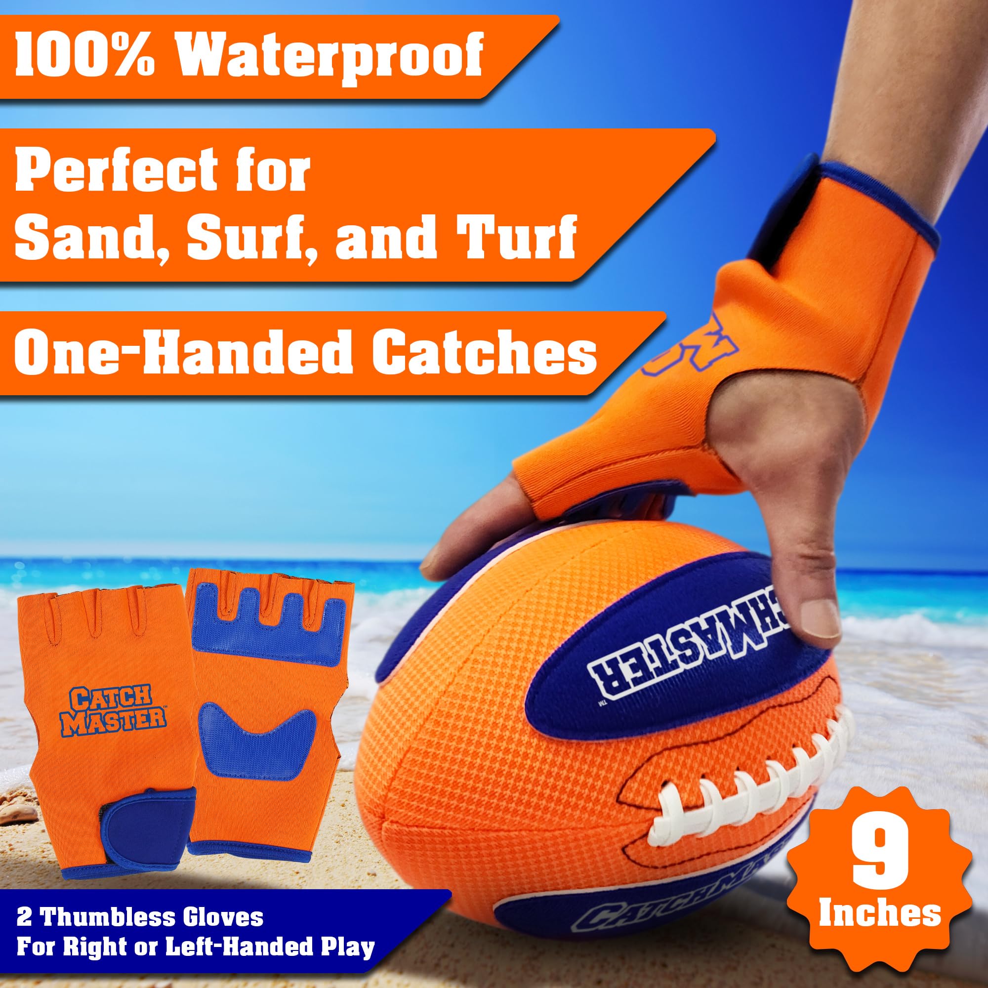 Funwares CatchMaster Waterproof Epic Catch – Hook-and-Loop Ball & 2 Thumbless Gloves–Fits All Ages, Right or Left-Handed. Beach, Pool, Backyard Fun, Confidence-Building, Gift for Kids & Teens
