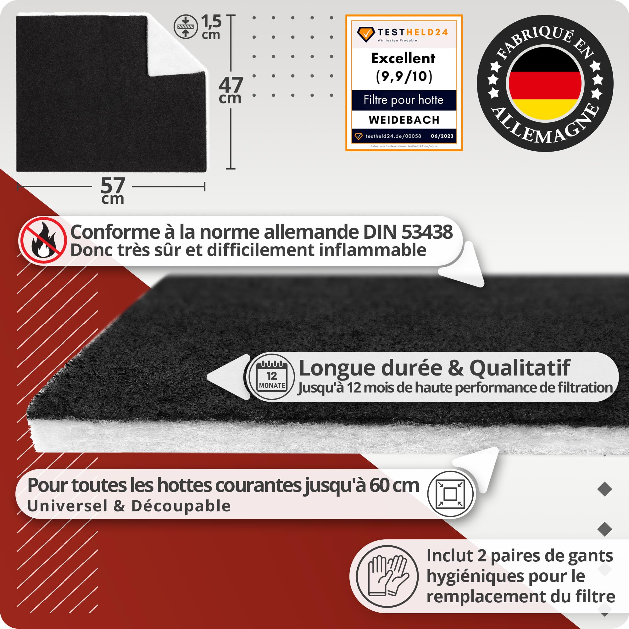 Weidebach® 2x Filtre Combi Hotte Aspirante Charbon Actif & Filtre À Graisse, 57x47 Cm [Peut Être Coupé Sur Mesure] – Env. 1,7cm D'épaisseur -, Filtre Combi Hotte Aspirante, Filtre Charbon Actif