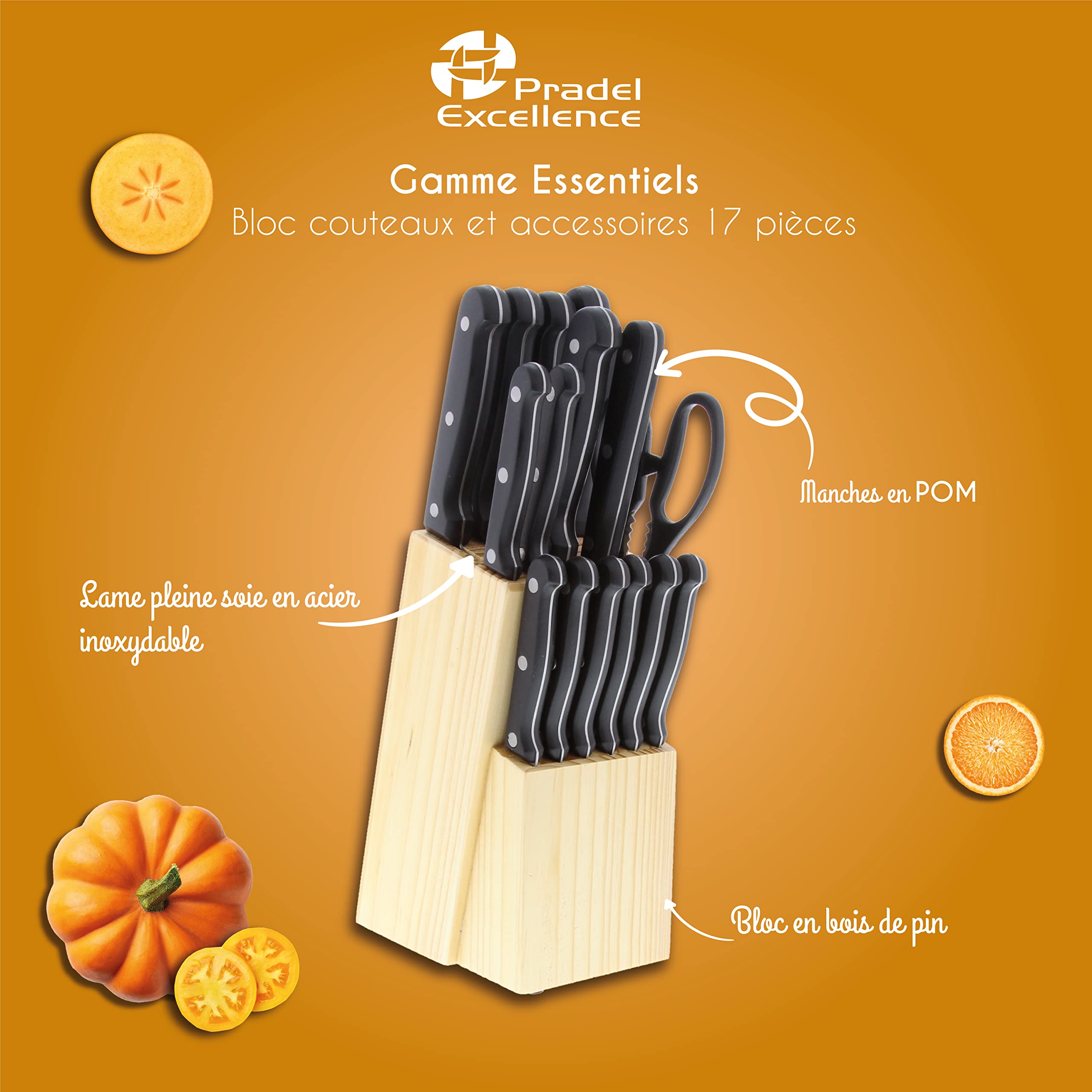 Pradel Excellence - Bloc Couteaux et Accessoires 17 Pièces - Lames Acier Inoxydable - Manches POM 3 Rivets - Fourchette, Fusil, Ciseaux - Bloc Bois - Boîte Couleur