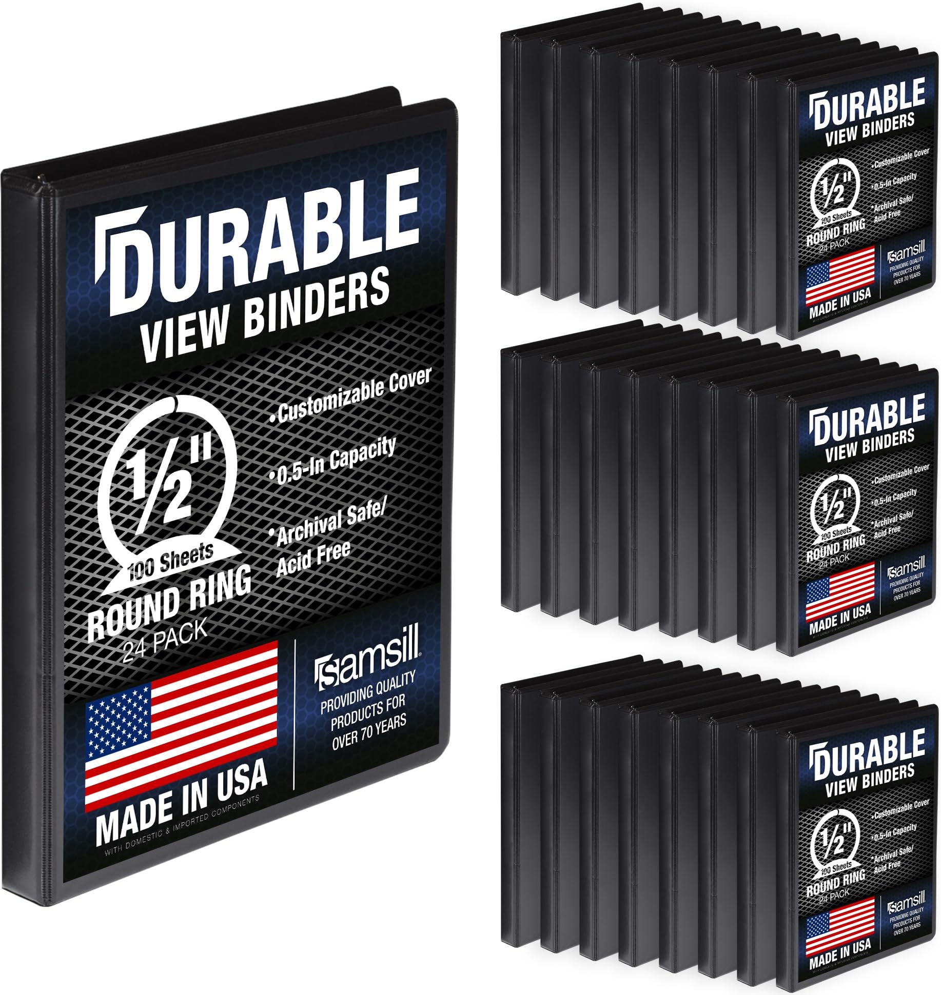 Samsill Durable 1,3 cm Binder schwarz rund Ringordner/anpassbarer Klarsichtordner/Bulk Binder 24 Stück/schwarz 3 Ringbuch/1/2 Zoll Binder