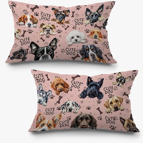 Exqcom Cute Dog Pink Pillow Covers 12x20 Set of 2, Dog Lovers Gifts for Women, C