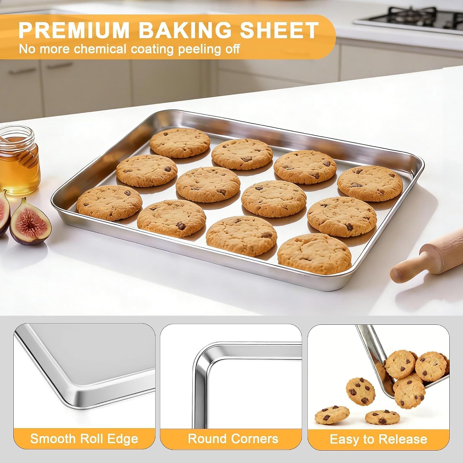 Onader Baking Sheet Set of 2, 12.5" x 9.7" Food-Grade Stainless Steel Quarter Sheet Pans for Baking, Metal Cookie Toaster Oven Pan Tray, Heavy Duty & Dishwasher Safe