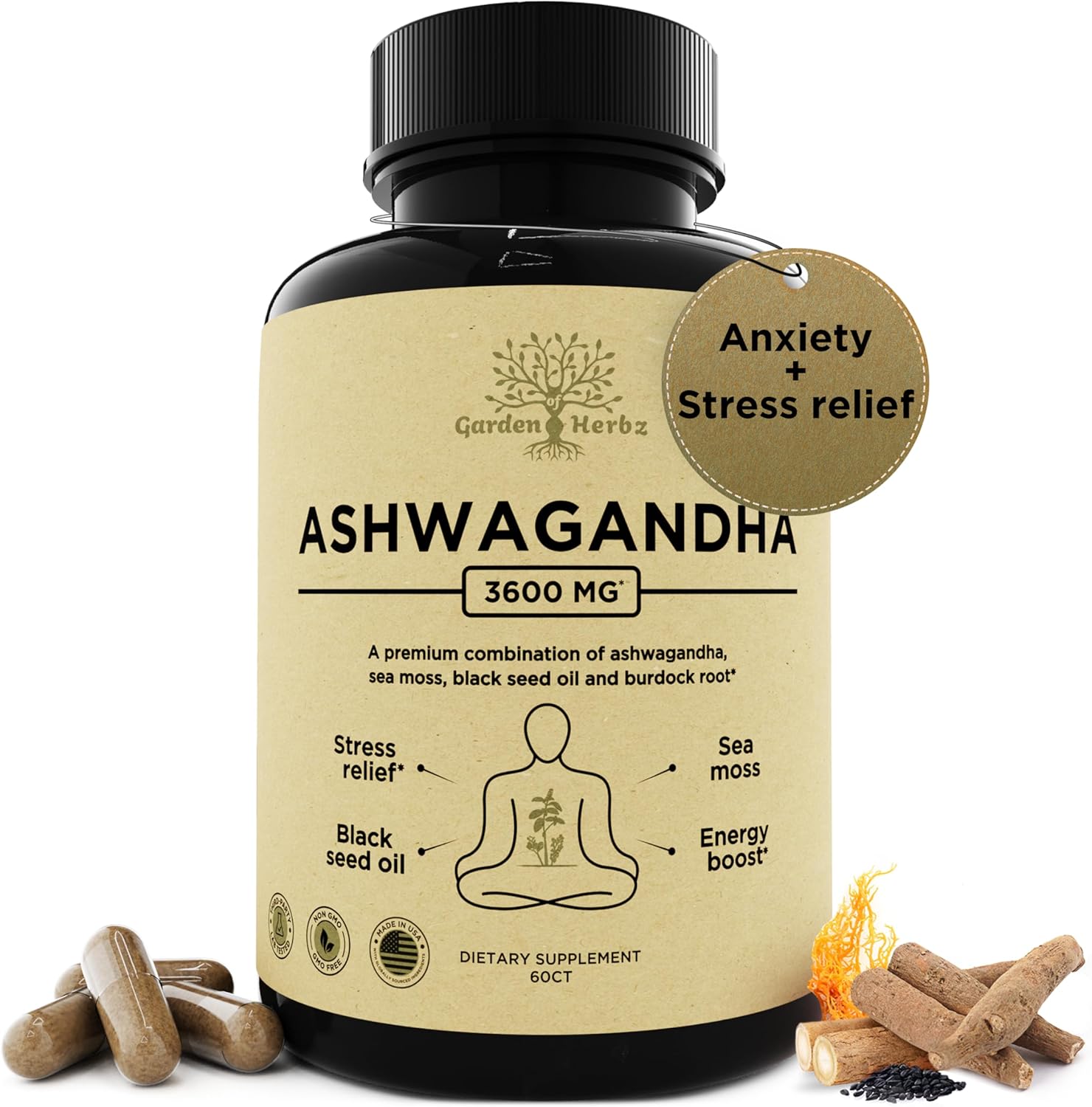 Organic Ashwagandha Root & Irish Sea Moss – 3,600 mg Ashwagandha Supplement with Black Seed Oil, & Burdock Root – Herbal Supplement for Energy, Extra Strength, 60 Caps