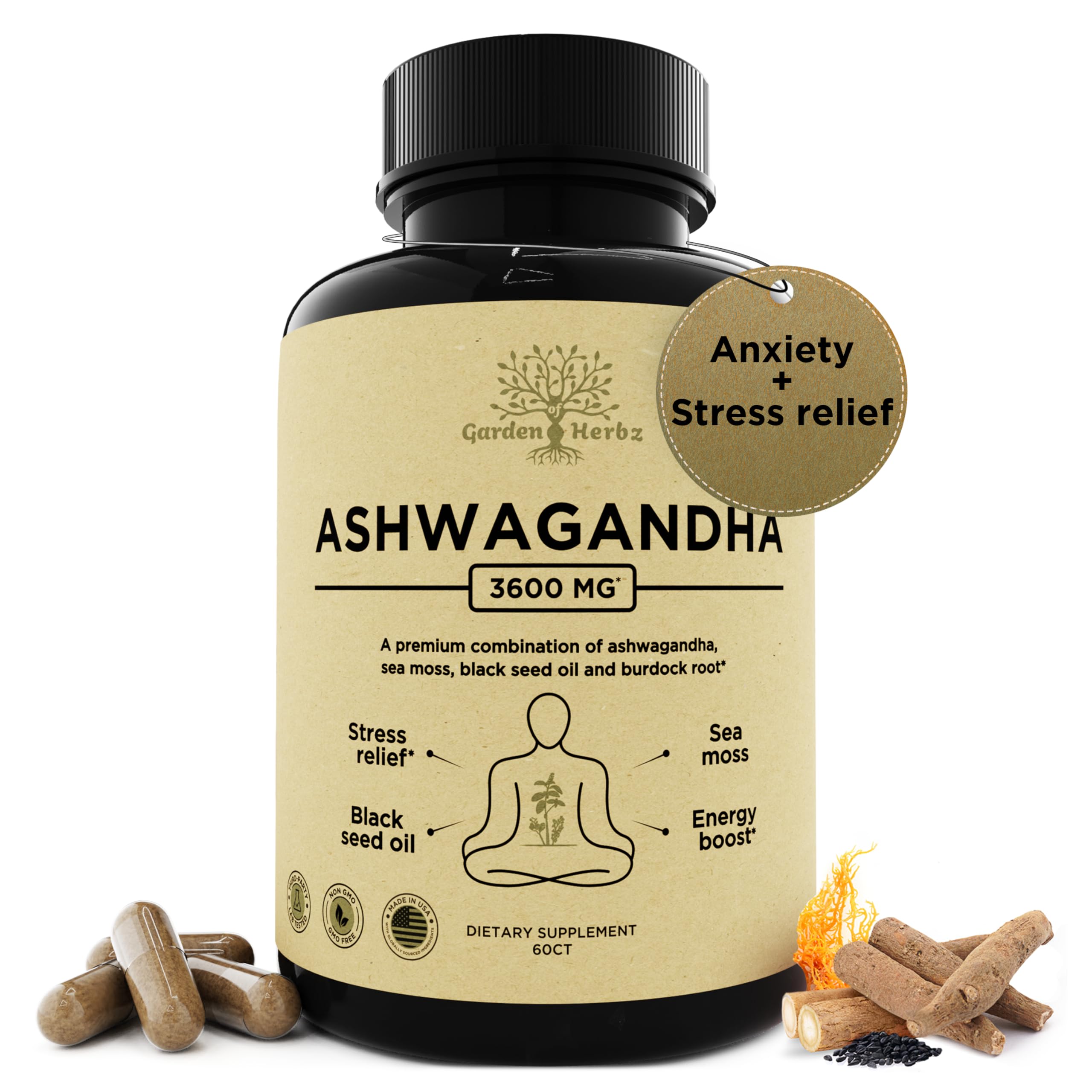 Organic Ashwagandha Root & Irish Sea Moss – 3,600 mg Ashwagandha Supplement with Black Seed Oil, & Burdock Root – Herbal Supplement for Energy, Stress Relief, Extra Strength, 60 Caps
