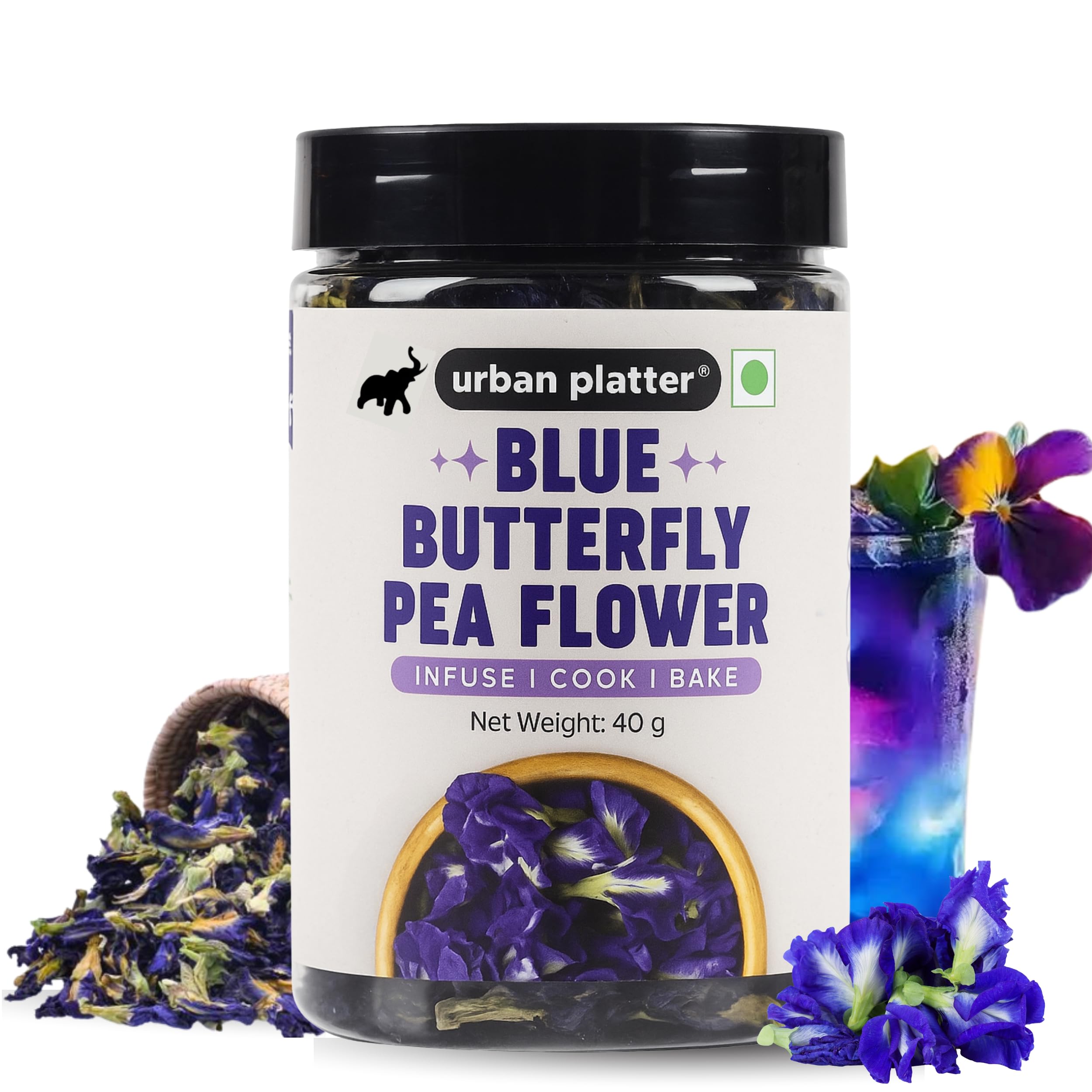 urban platter Blue Butterfly Pea Flower Tea, 40 Gram (Rich In Antioxidants | Add To Teas & Cocktails | Natural Colourant), Green Tea