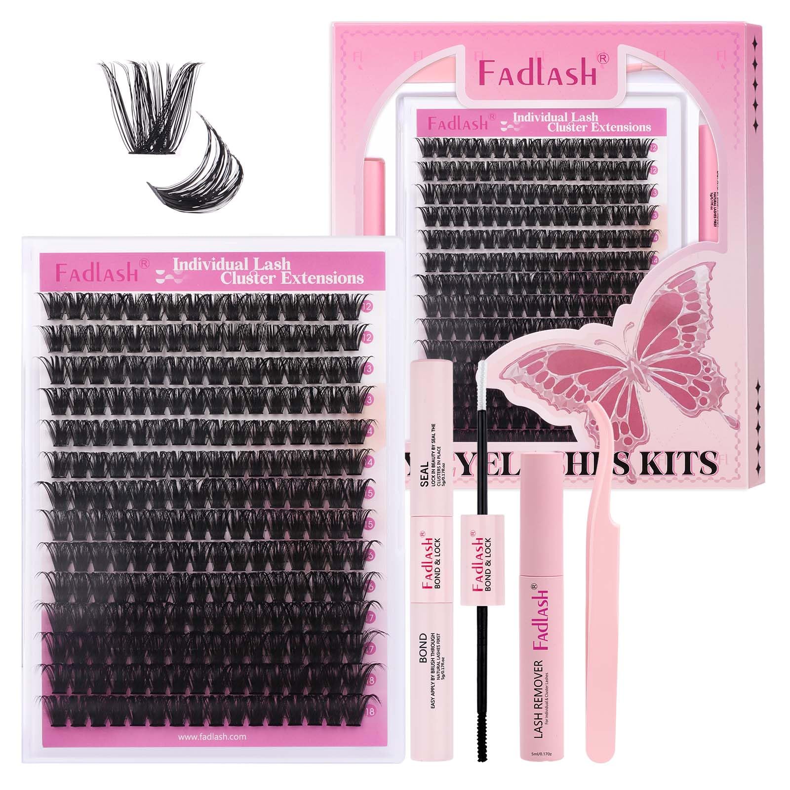 FADLASH Lash Extension DIY Kit Lash Clusters D Curl Cluster Lashes with Lash Bond and Seal Cluster Lashes Glue Remover Lash Tweezers for DIY Eyelash
