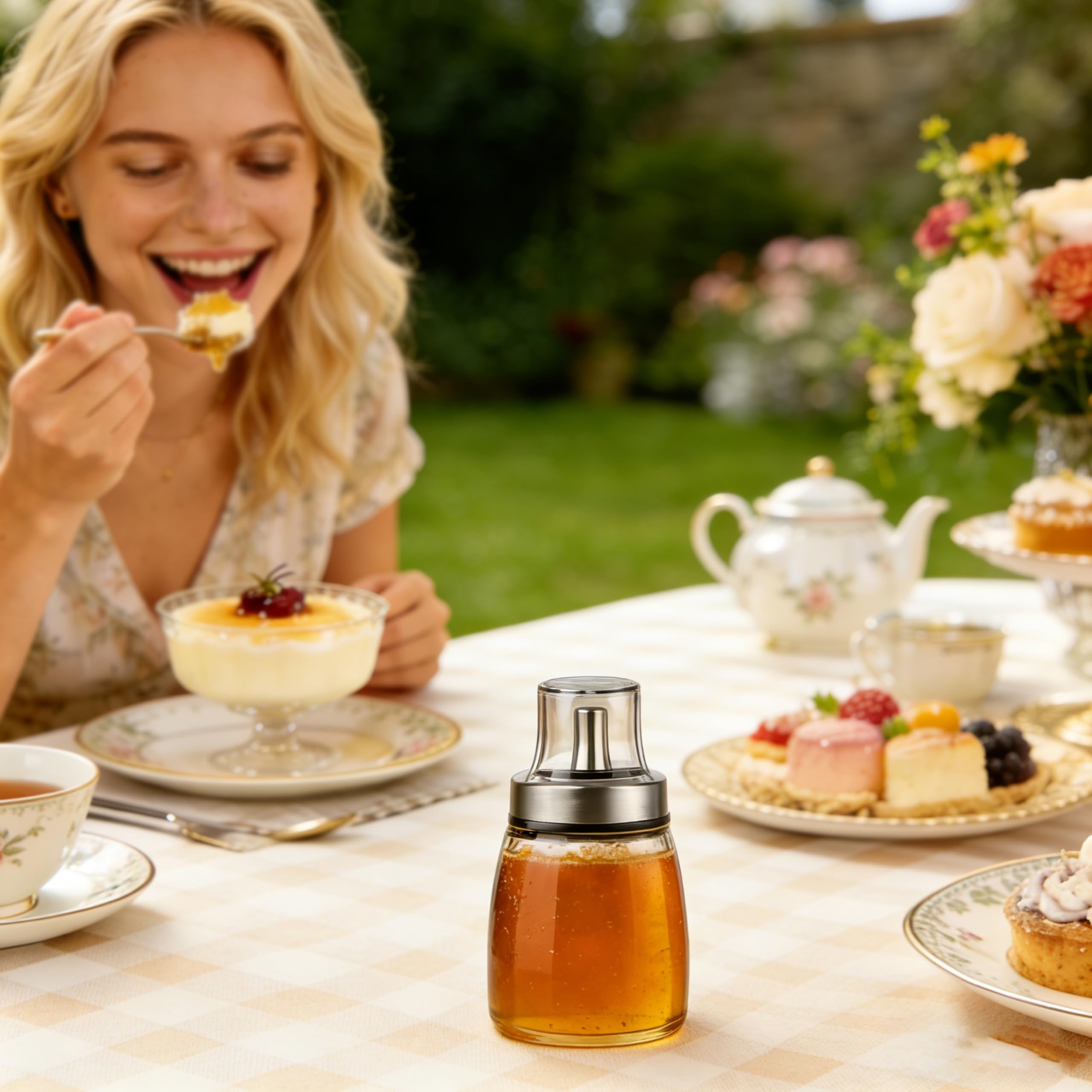 Honigspender Glas 180 ml Tropffrei Honigspender mit Edelstahl Ausgießer Sirup Spender Honigglas Süßstoffspender mit Deckel für Frühstückstisch Küche Kaffee Bar Buffet