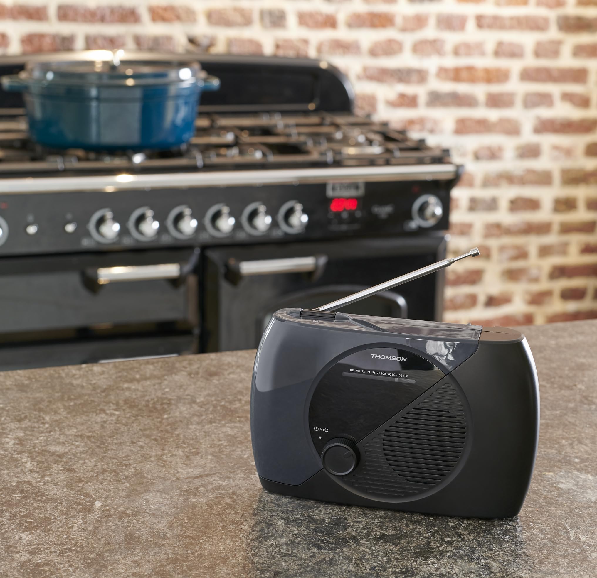 THOMSON Radio Portable FM, Tuner Analogique, Secteur ou Piles - Poste Compact pour Écoute En Tous Lieux, Couleur Bleu/Noir - RT350