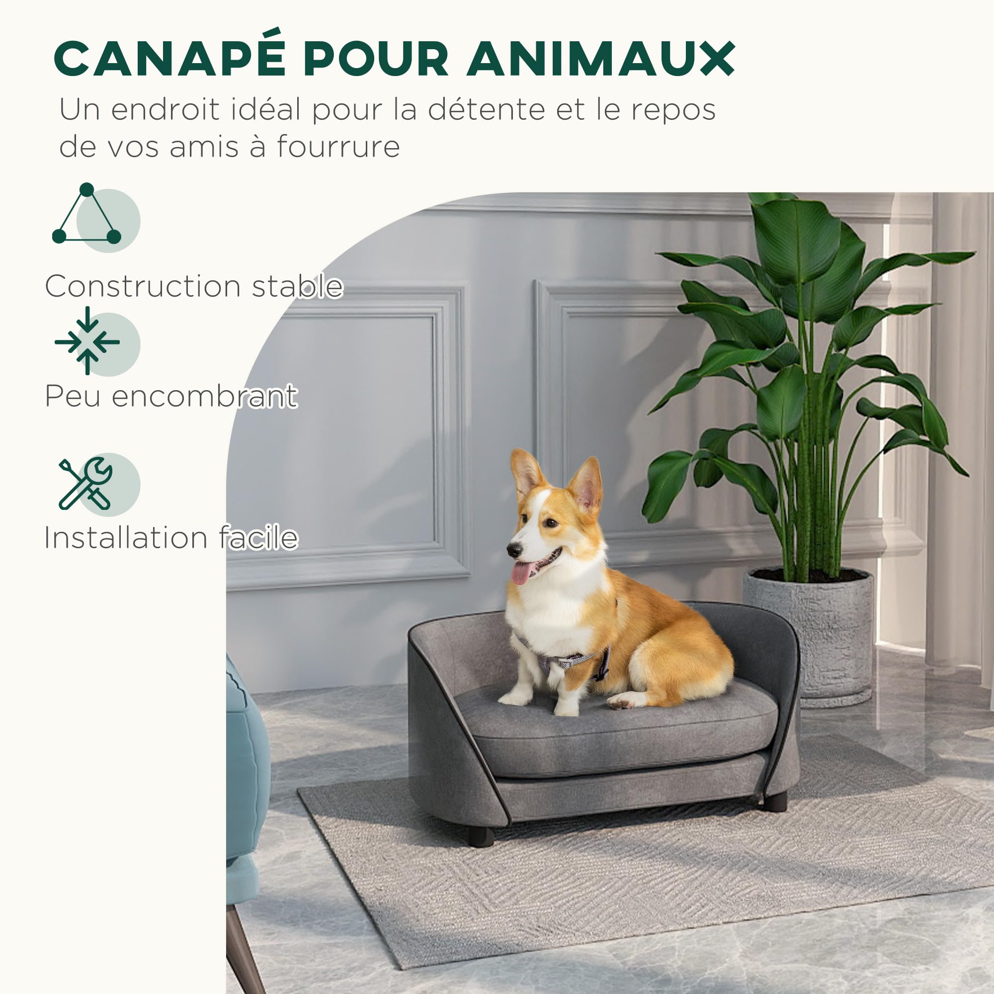 PawHut Canapé pour Chien, canapé pour Chat, Coussin Doux, Housse Amovible et Lavable, revêtement en Velours néerlandais, pour Chiens de Petite à Moyenne Taille, Gris