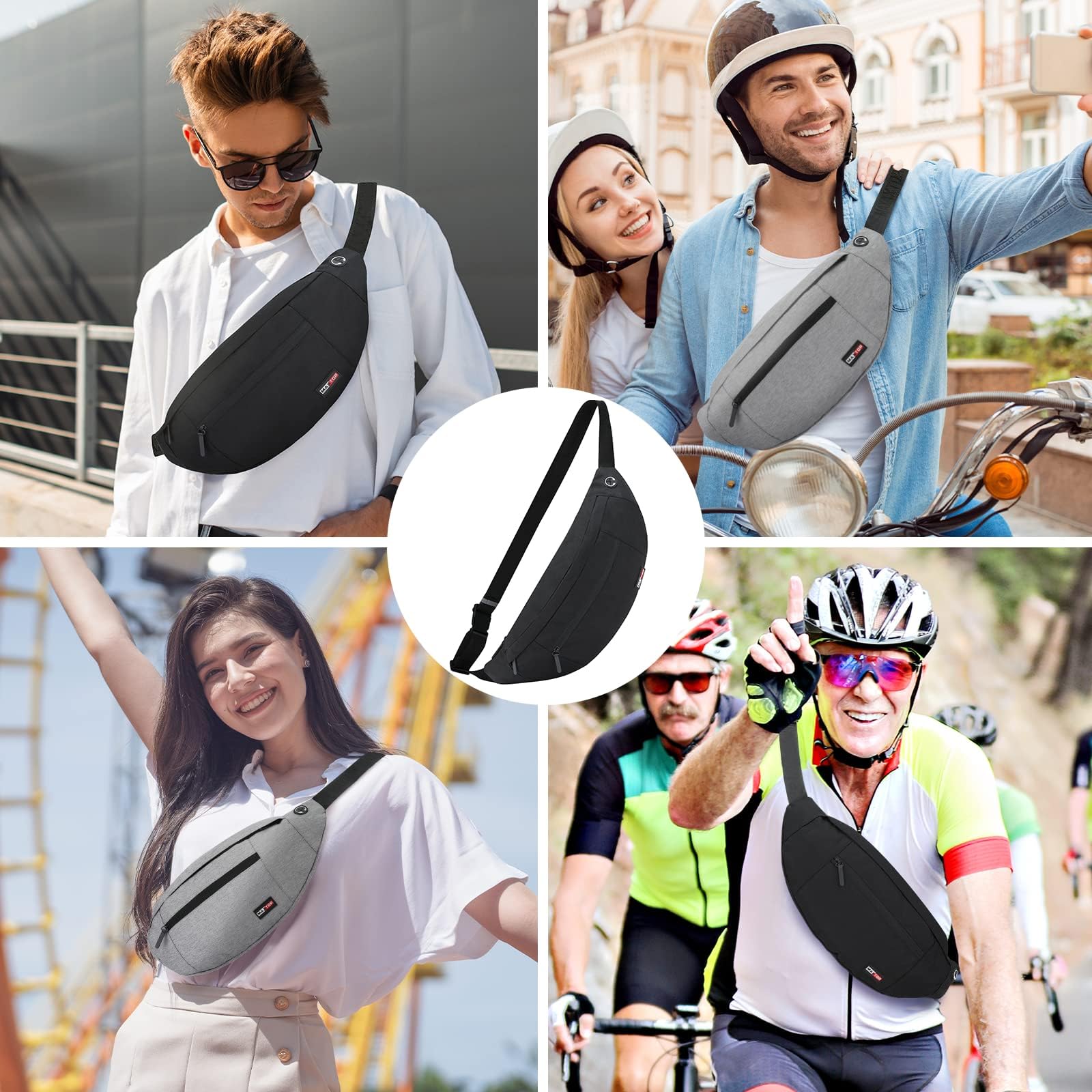 MAXTOP Grand sac banane à bandoulière avec 4 poches à fermeture éclair, cadeau pour profiter du sport, festival, entraînement, voyage, course à pied, portefeuille mains libres, sac banane pour