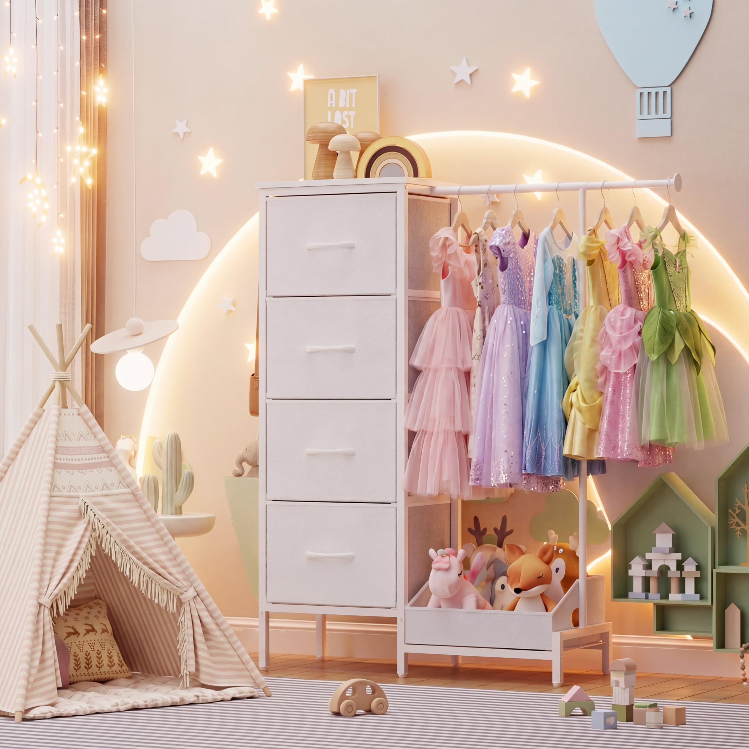 Kommode mit 4 Stoff Schubladen und Kleiderstange, 110cm Hoch Stabil Komodenschrank Schmaler Kleiderschrank für Schlafzimmer Flur Kinderzimmer, Platzsparender Wäscheschrank mit Schuhablage, Weiß