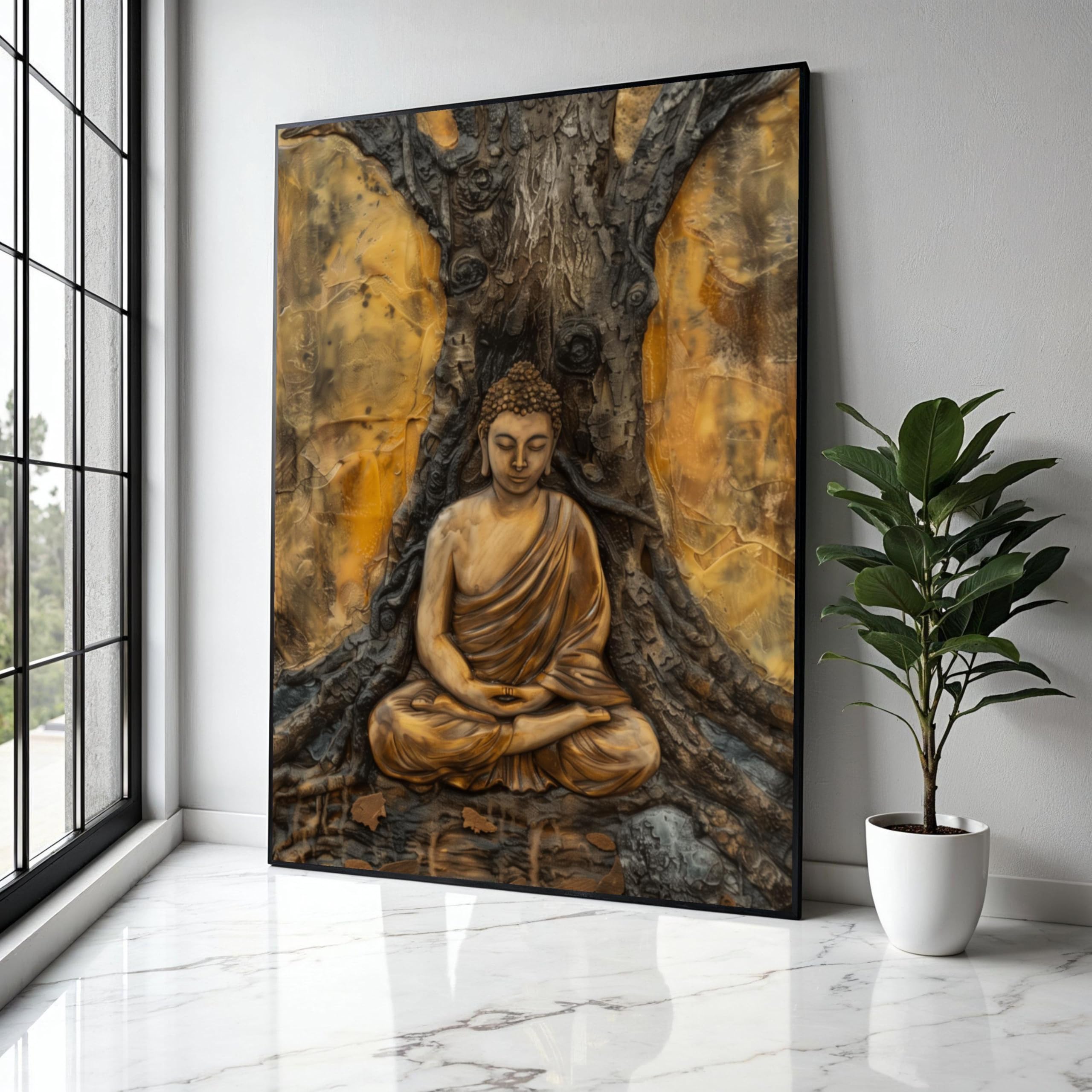 YUSUZHU Tela con meditazione del Buddha sereno, arte murale spirituale, opera d'arte con statua zen, decorazione per la casa, stampa artistica del Buddha sotto l'albero (60x90 cm/cornice interna)