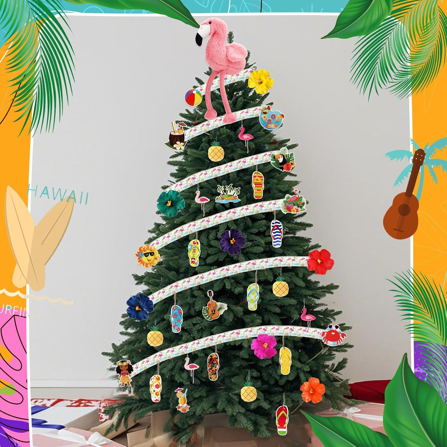 Halfchet 43 Pcs Summer Tree Ornaments Decorations Tree Topper Flamingo Pineapple Beach Hanging Ornaments Tropical Flower Ribbon for Luau Holiday Party