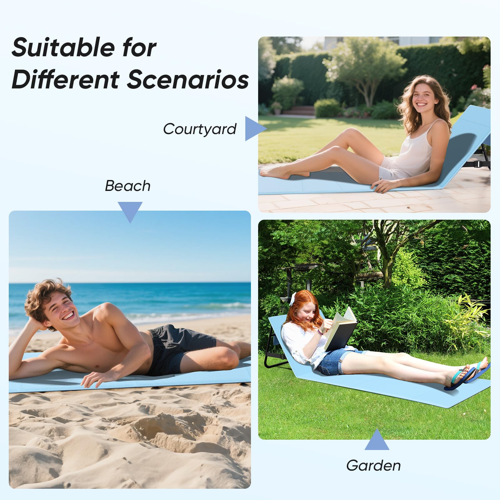 WildFun Chaise de Plage Portable, Chaise de Plage Pliante，Adjustable Lightweight Tanning Chair for Outdoor Sand Camping Sunbathing (1pcs, Bleu et Blanc)